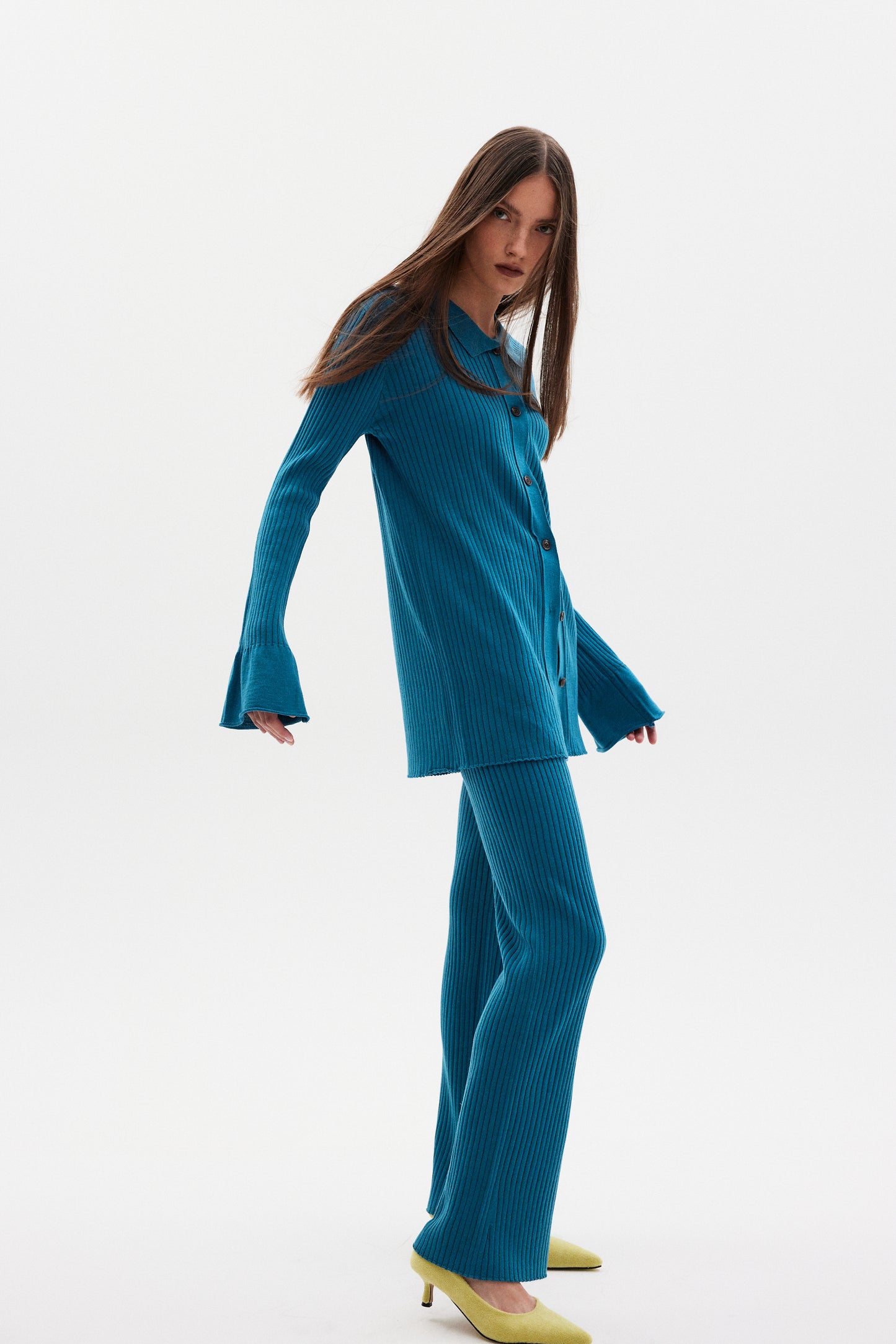 Flowy Rib Knit Cardigan & Pants Set, Bondi Blue