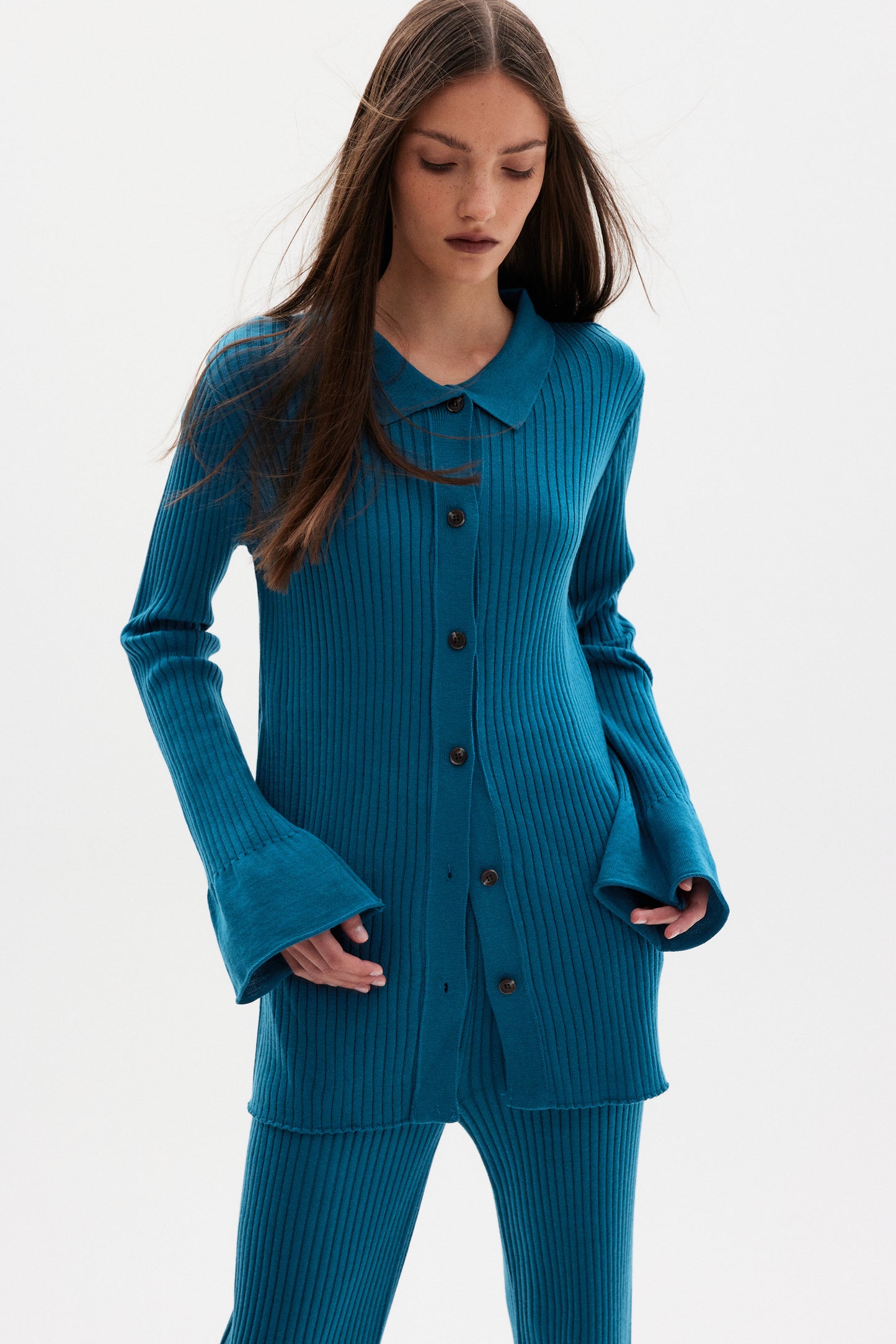 Flowy Rib Knit Cardigan & Pants Set, Bondi Blue