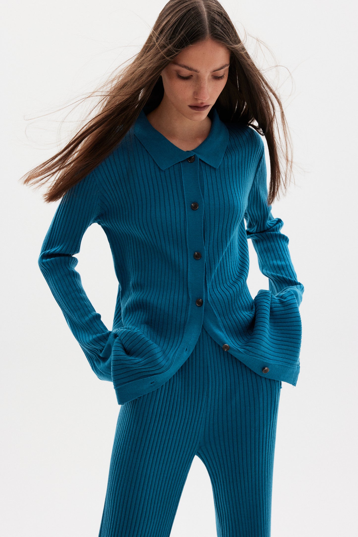 Flowy Rib Knit Cardigan & Pants Set, Bondi Blue