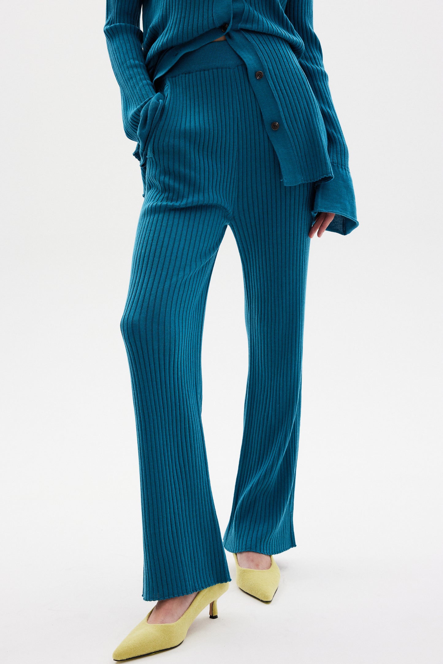 Flowy Rib Knit Cardigan & Pants Set, Bondi Blue