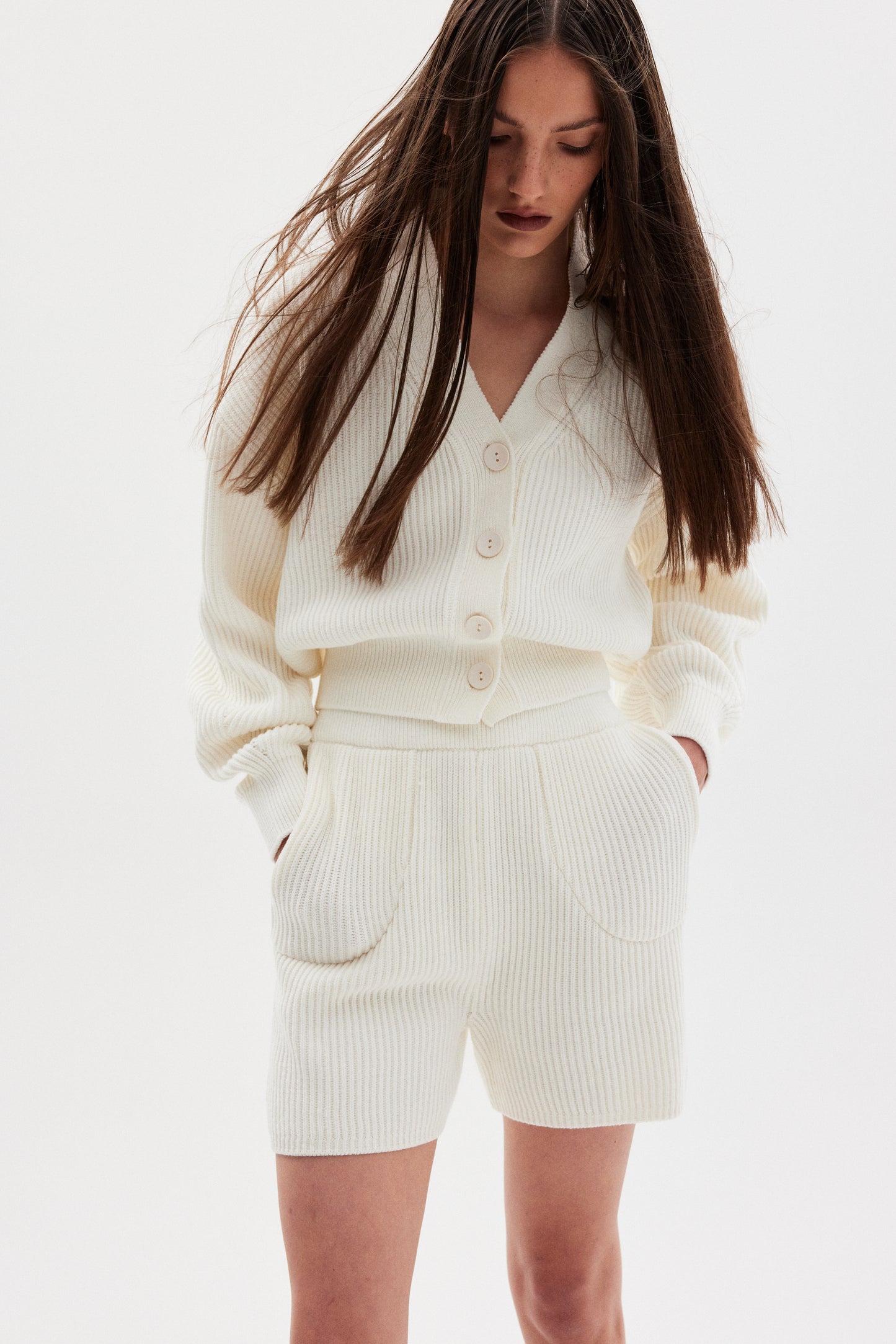 Extra Fine Wool Cardigan & Shorts Set, Cream