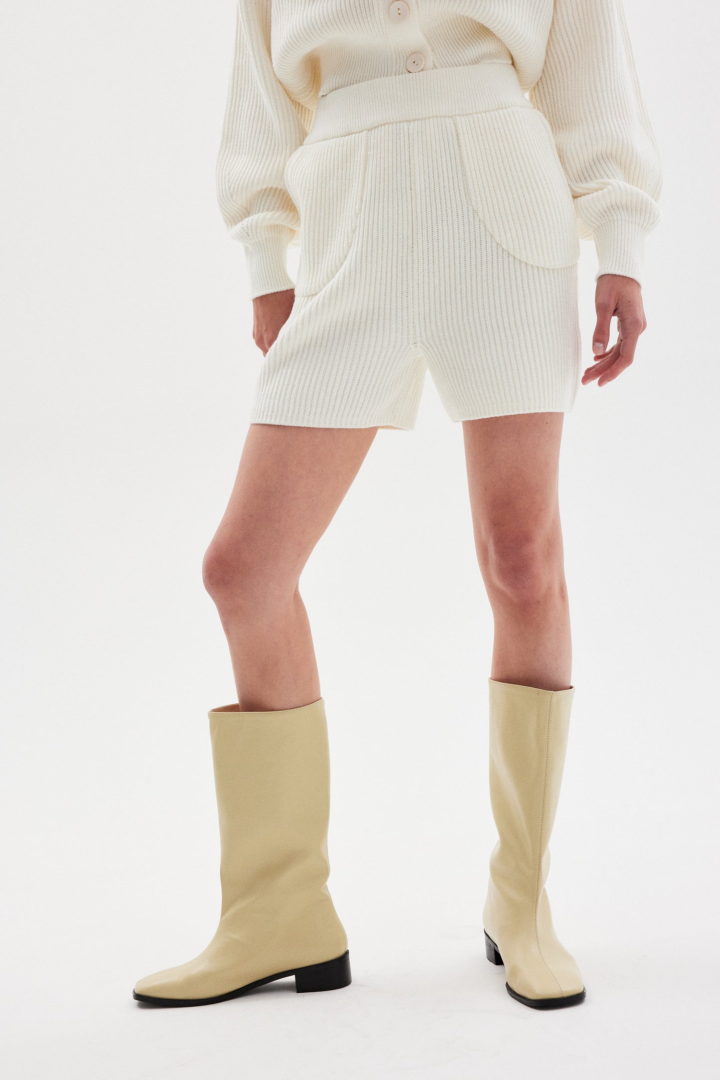 Extra Fine Wool Cardigan & Shorts Set, Cream