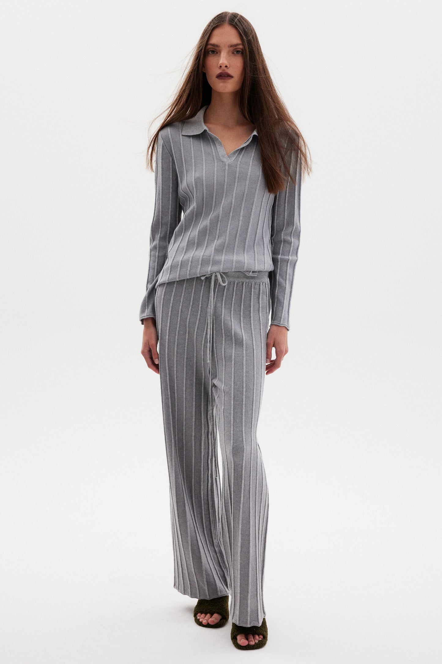 Rib Knit Polo & Lounge Pants Set, Cloud Grey