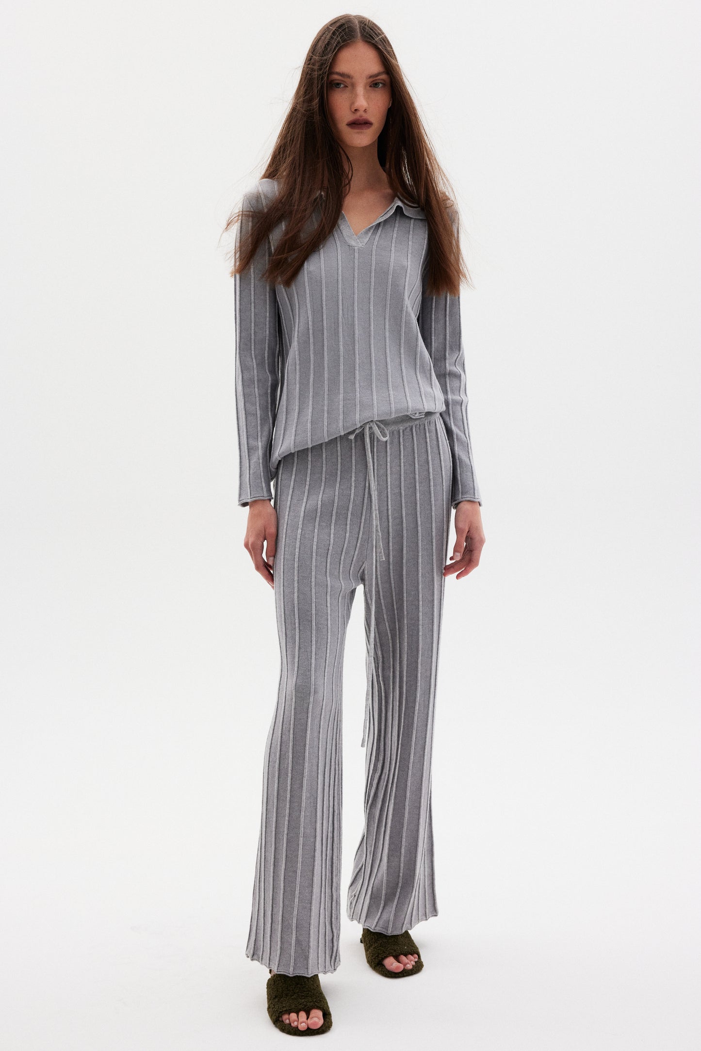 Rib Knit Polo & Lounge Pants Set, Cloud Grey