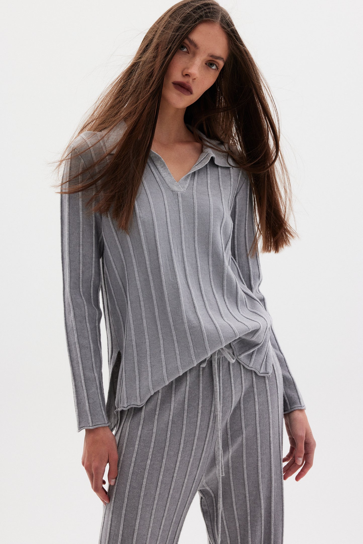 Rib Knit Polo & Lounge Pants Set, Cloud Grey