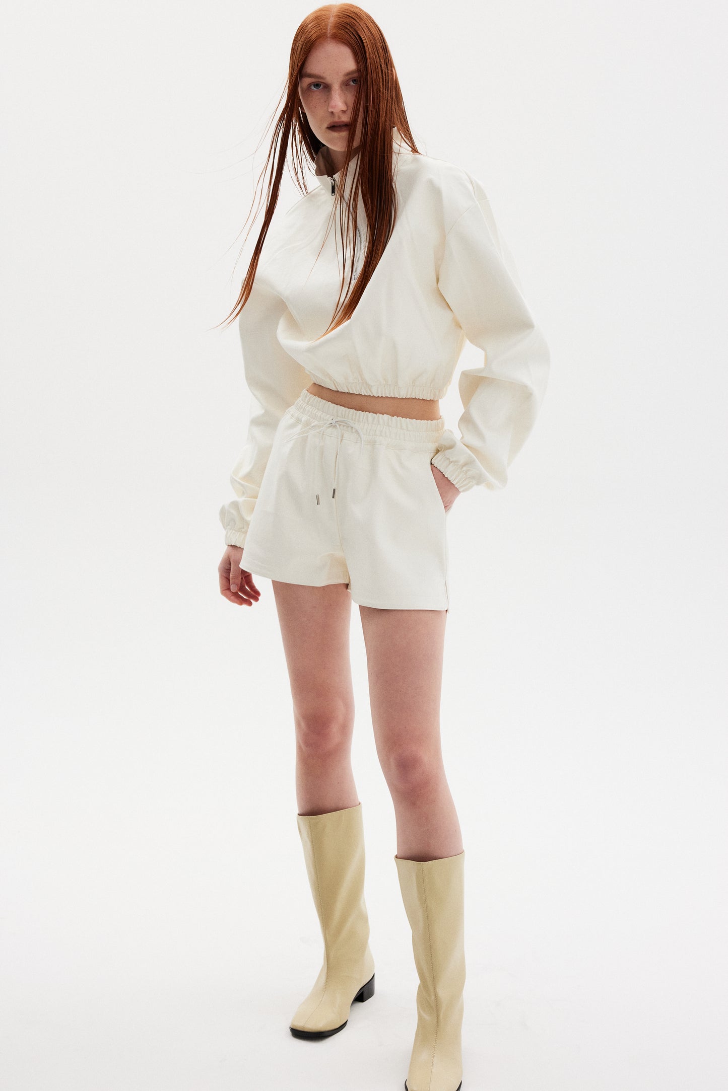 Leather Gym Shorts, Cream