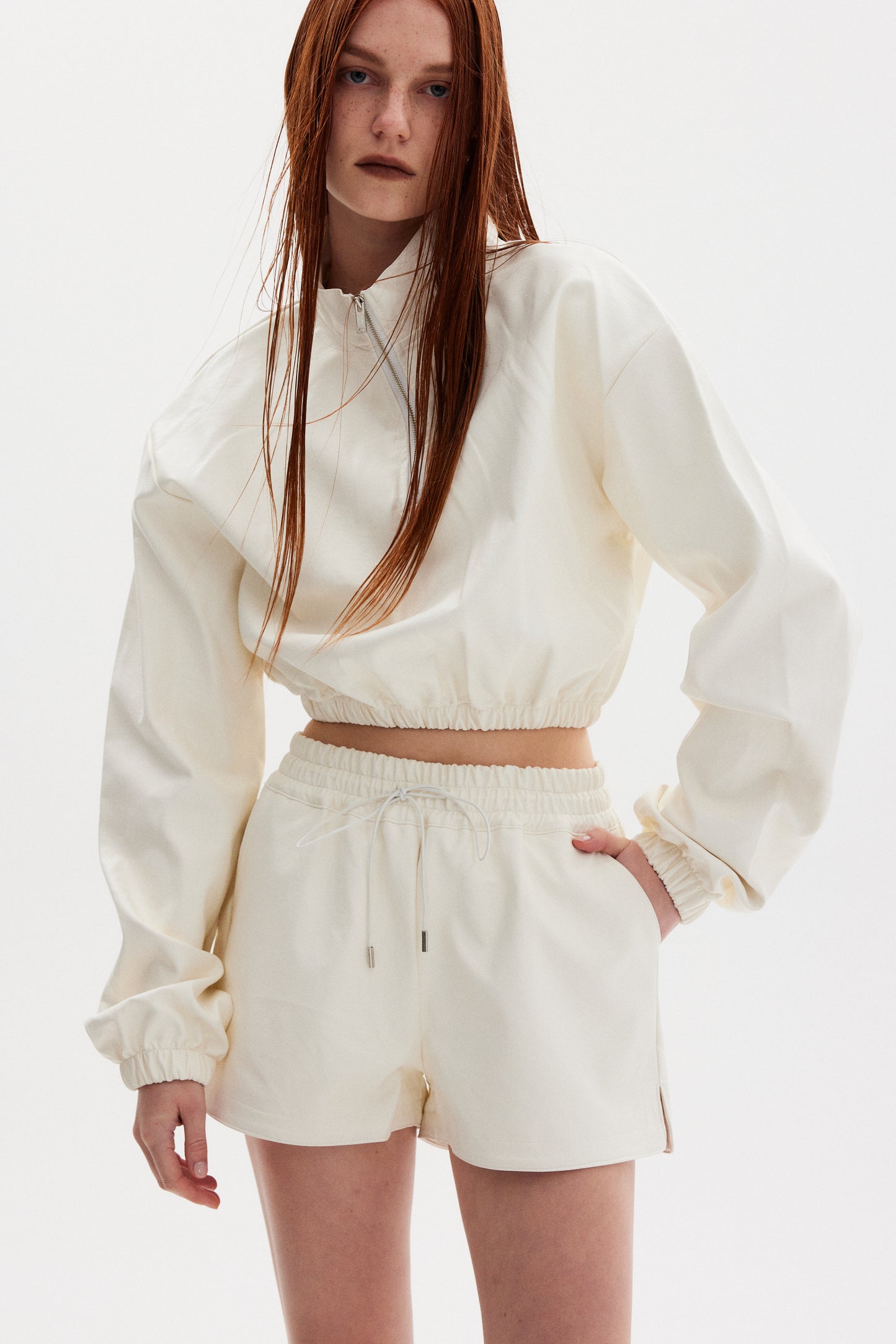 Leather Gym Shorts, Cream