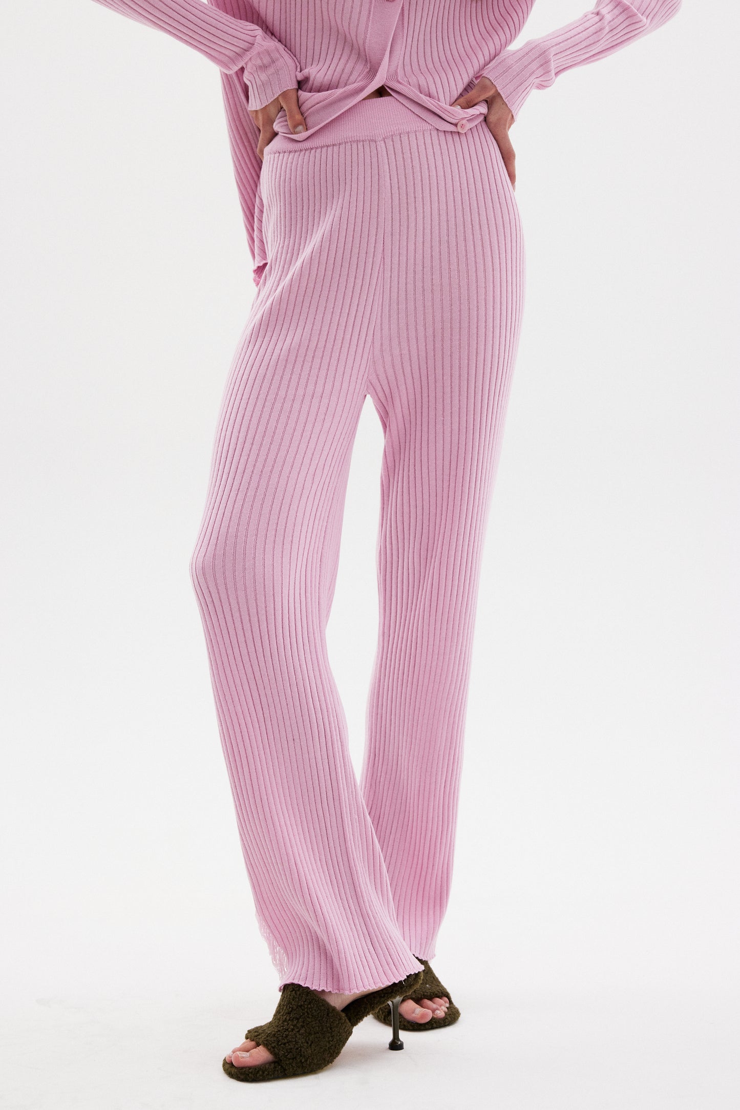 Wool Blend Fray Knit Pants, Pink