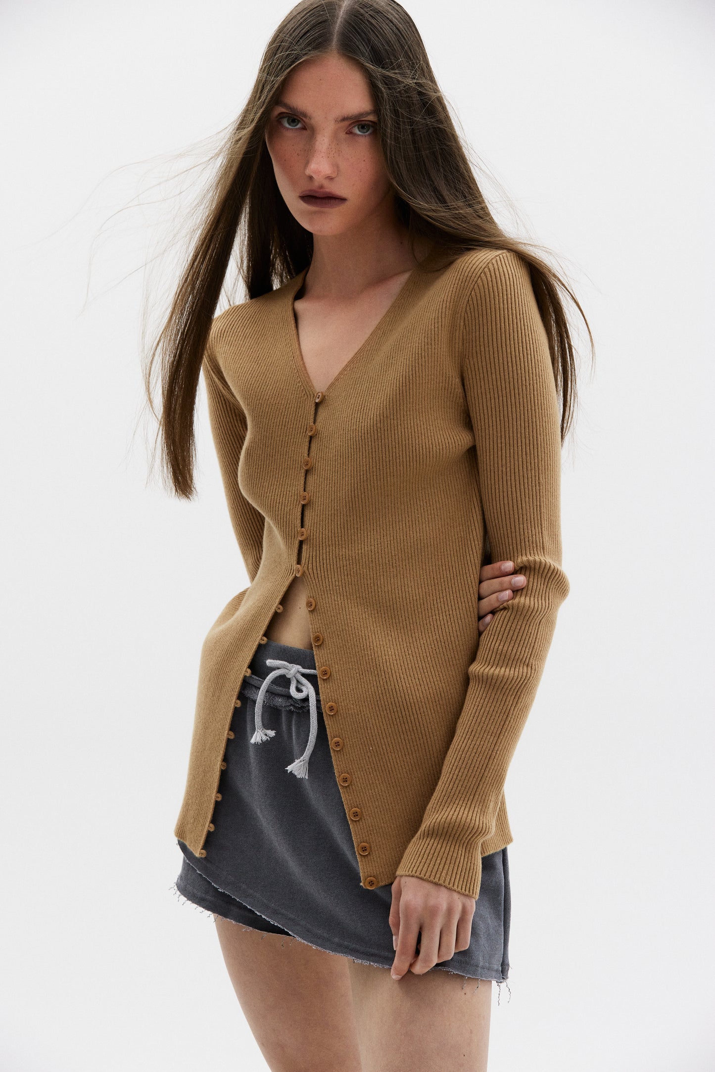 Loop Button Rib Cardigan, Clay