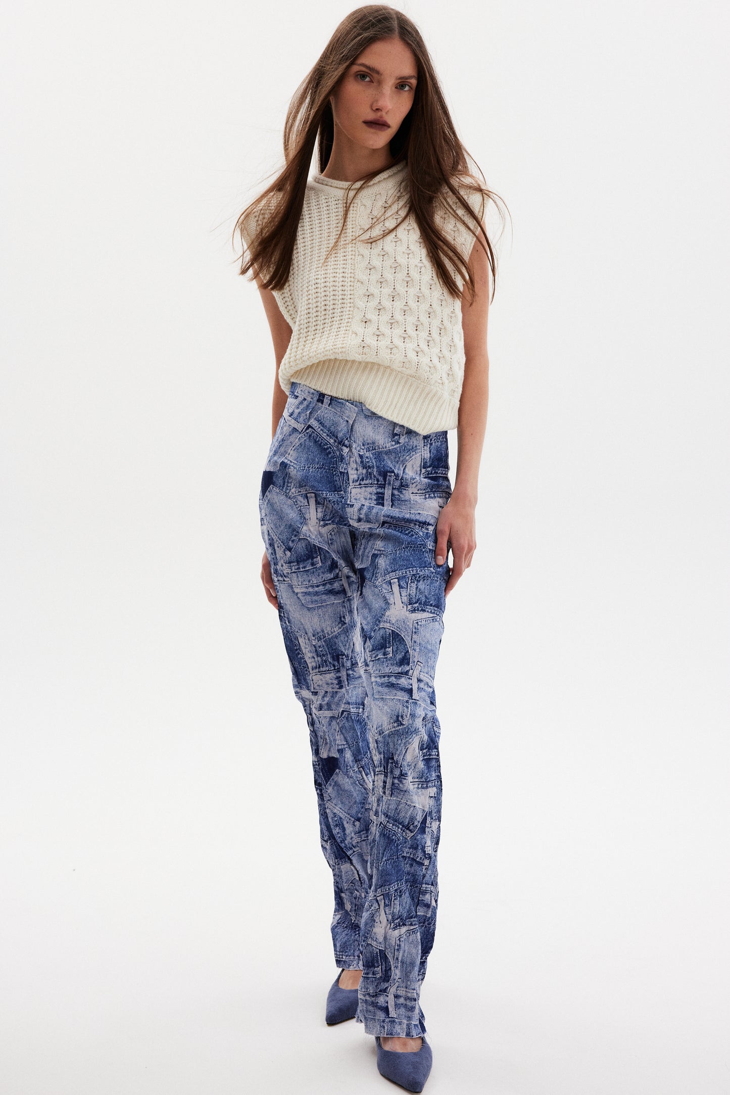 Jeanpocket Print Crinkle Pants, Denim Blue