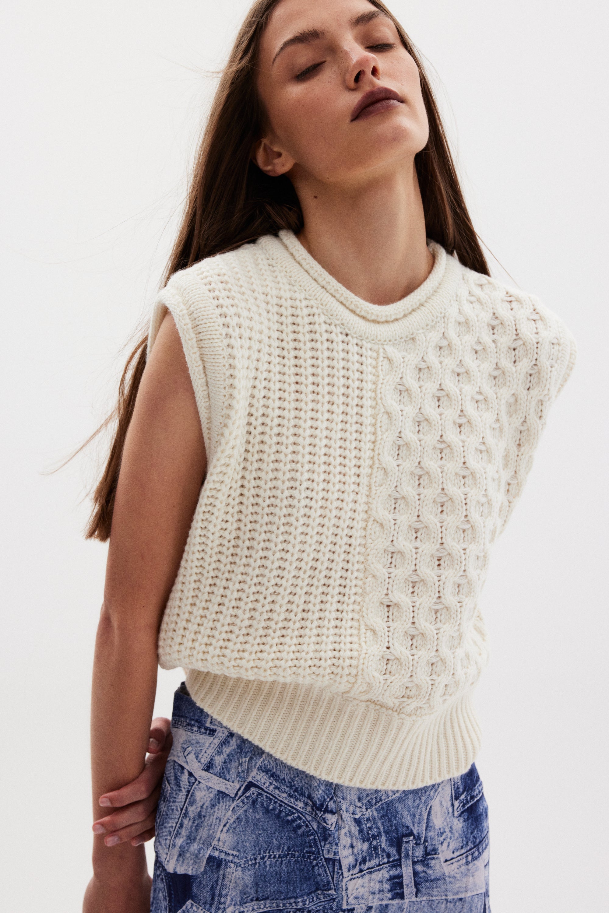 Mixed Chunky Knit Vest, Cream