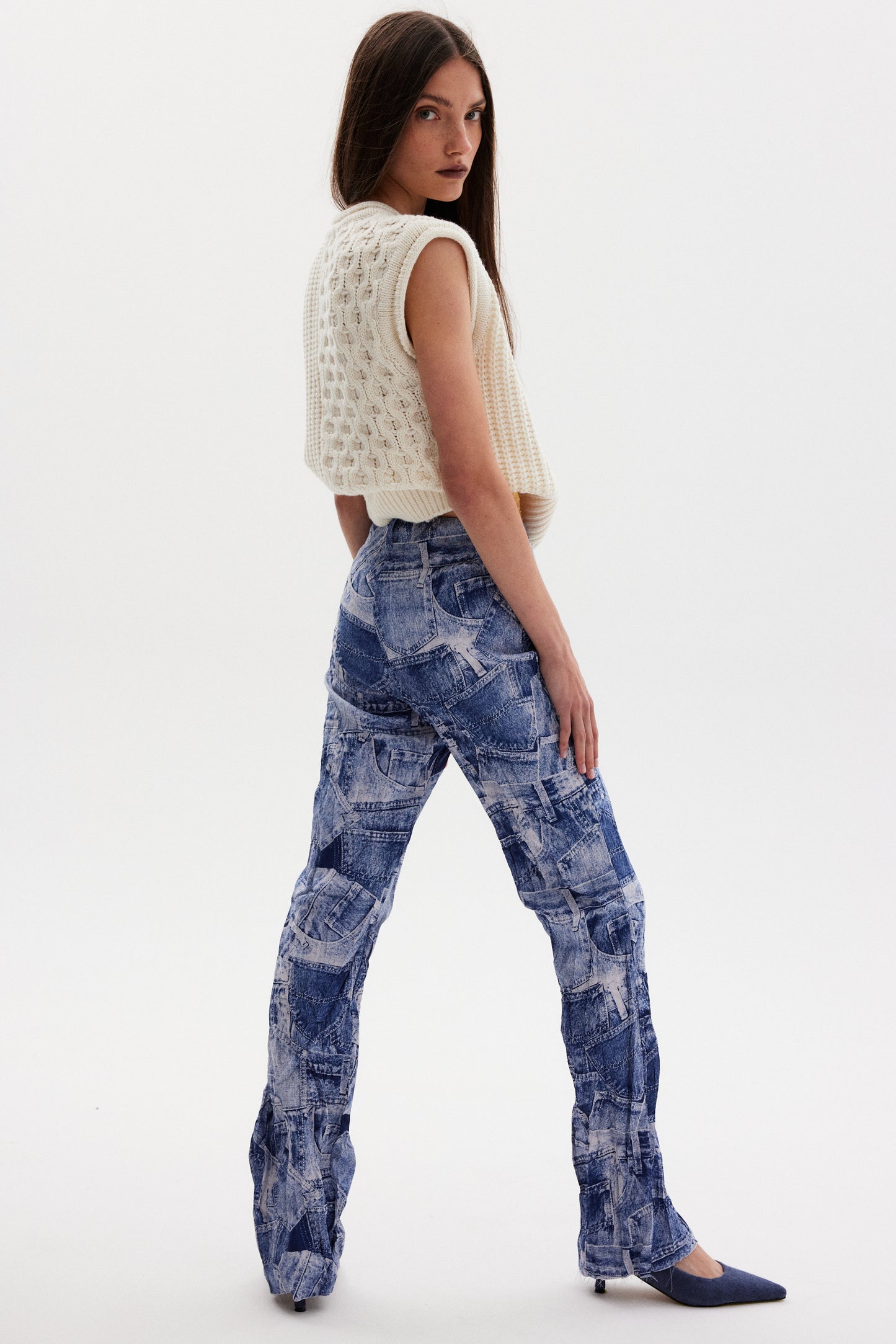 Jeanpocket Print Crinkle Pants, Denim Blue