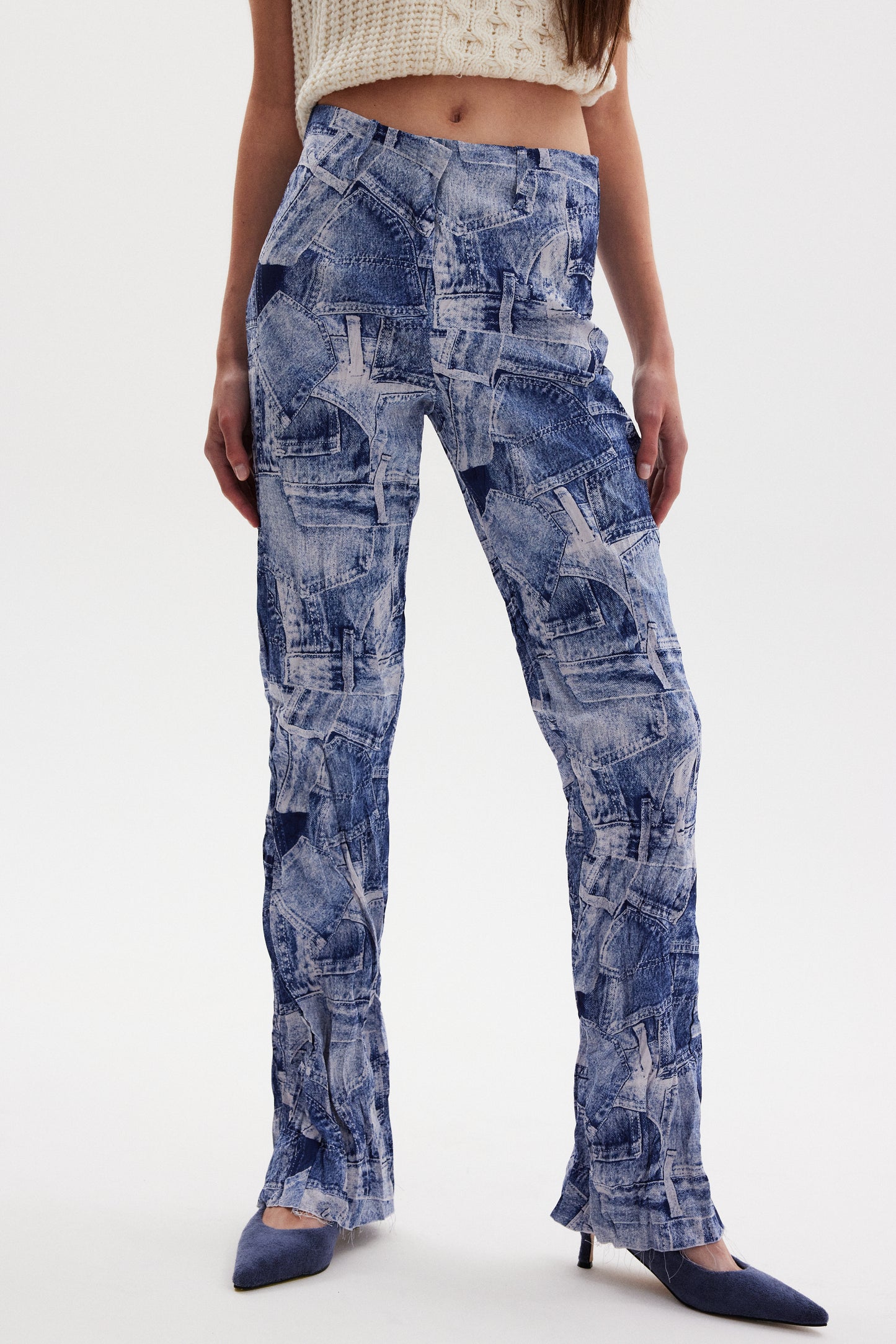 Jeanpocket Print Crinkle Pants, Denim Blue