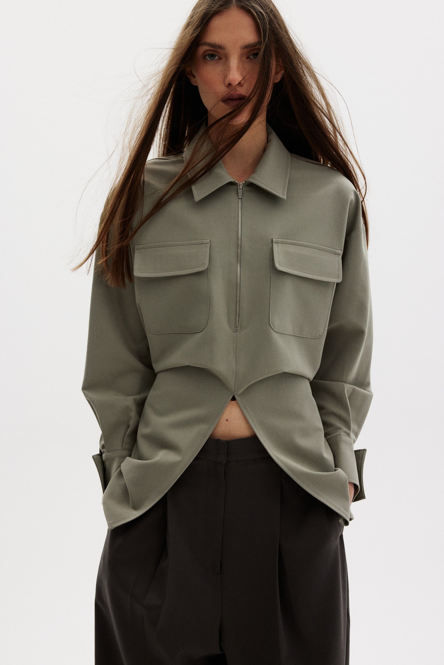 Deep Front Slit Cargo Shirt, Khaki Sage