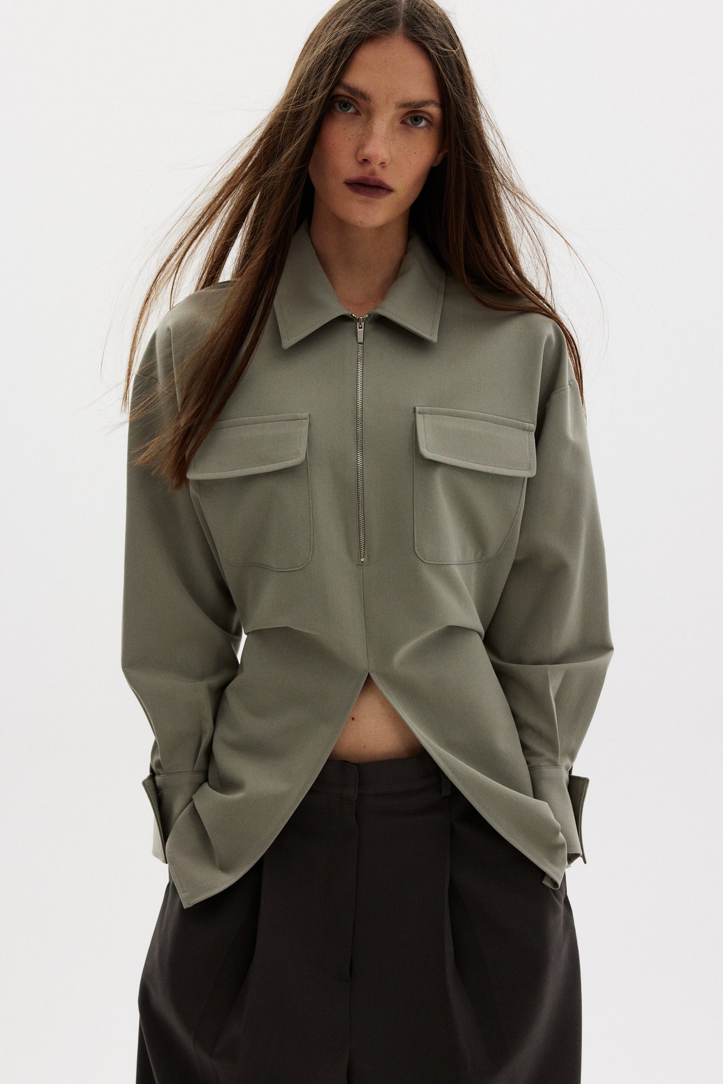 Deep Front Slit Cargo Shirt, Khaki Sage