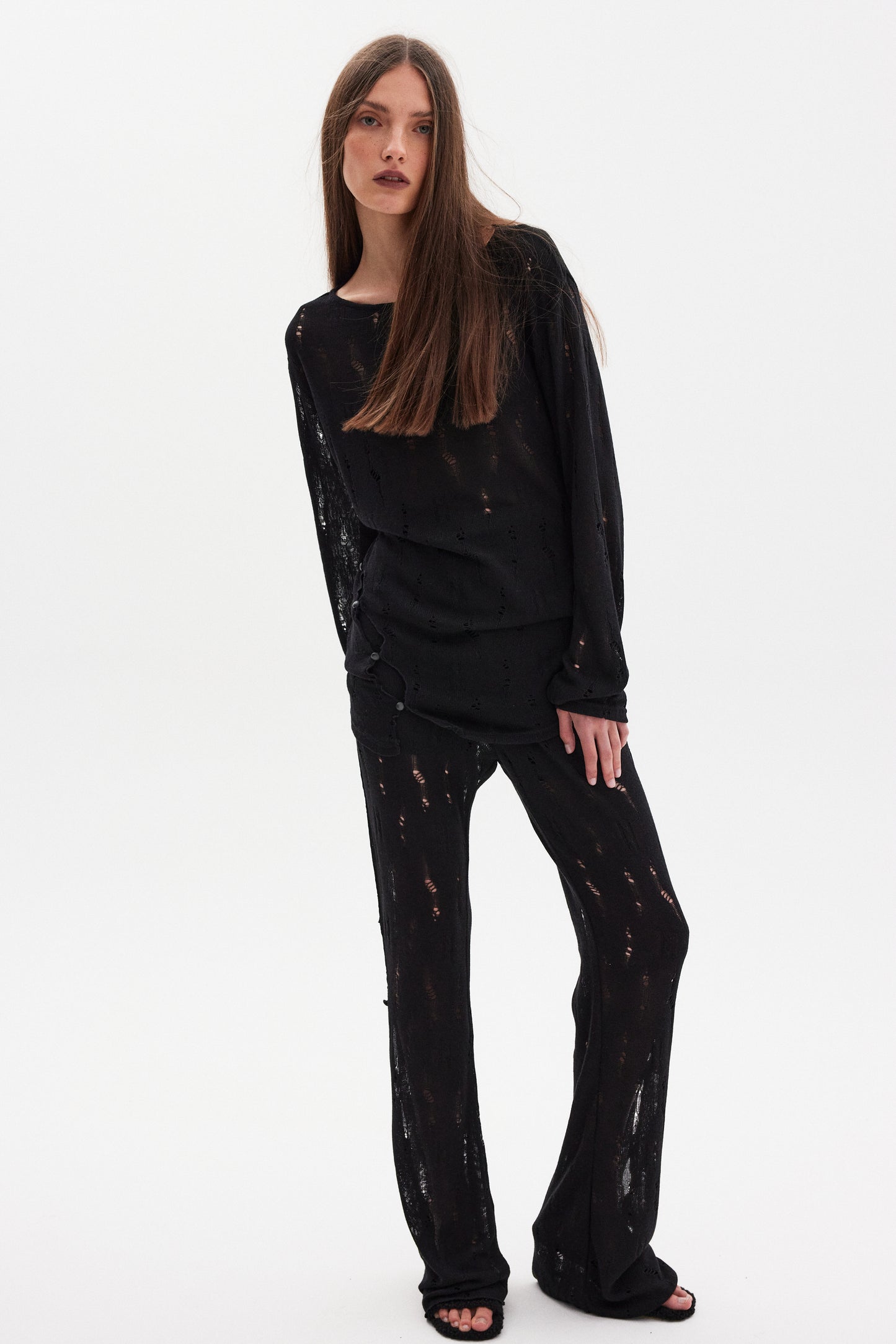 Diagonal Button Loose Knit Pants, Black