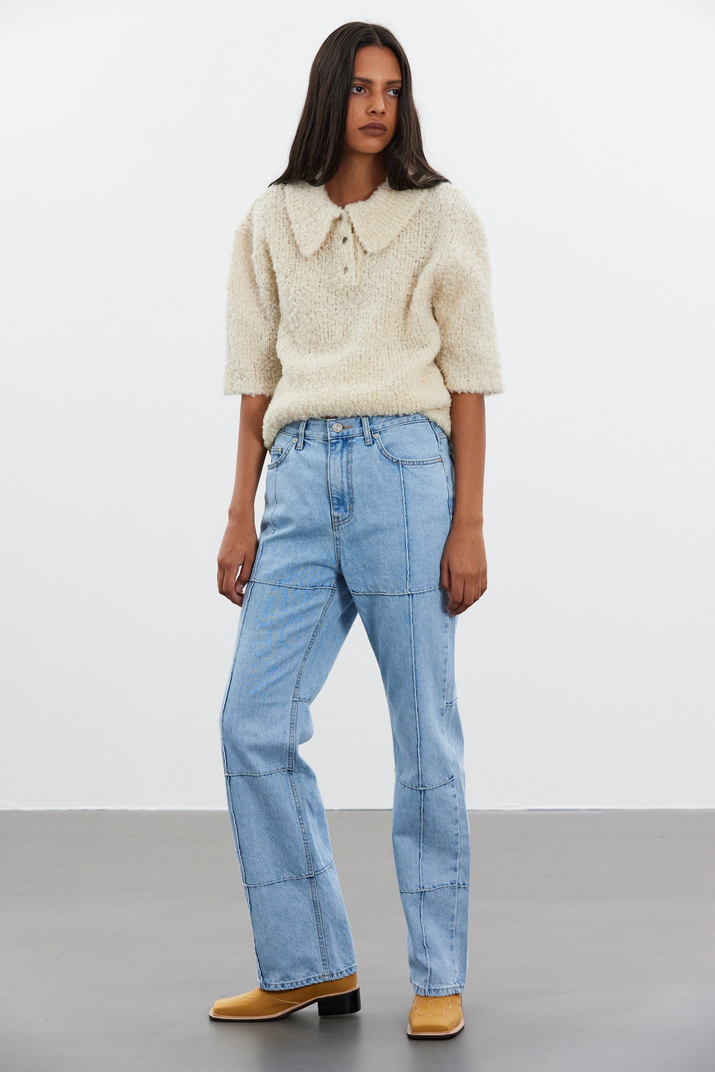 Stitch Paneled Line Jeans, Light Blue