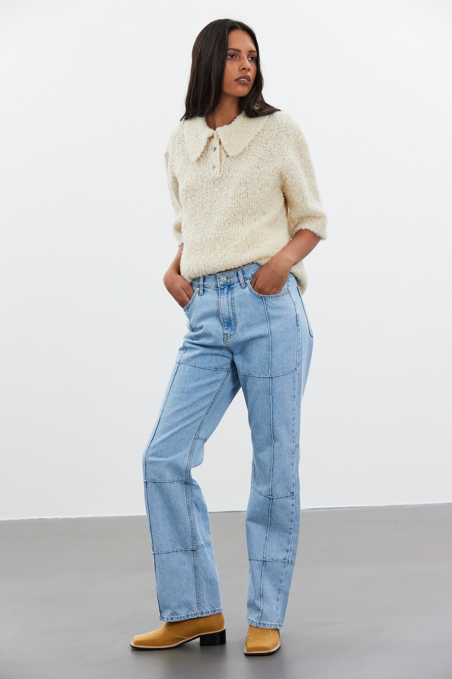 Stitch Paneled Line Jeans, Light Blue