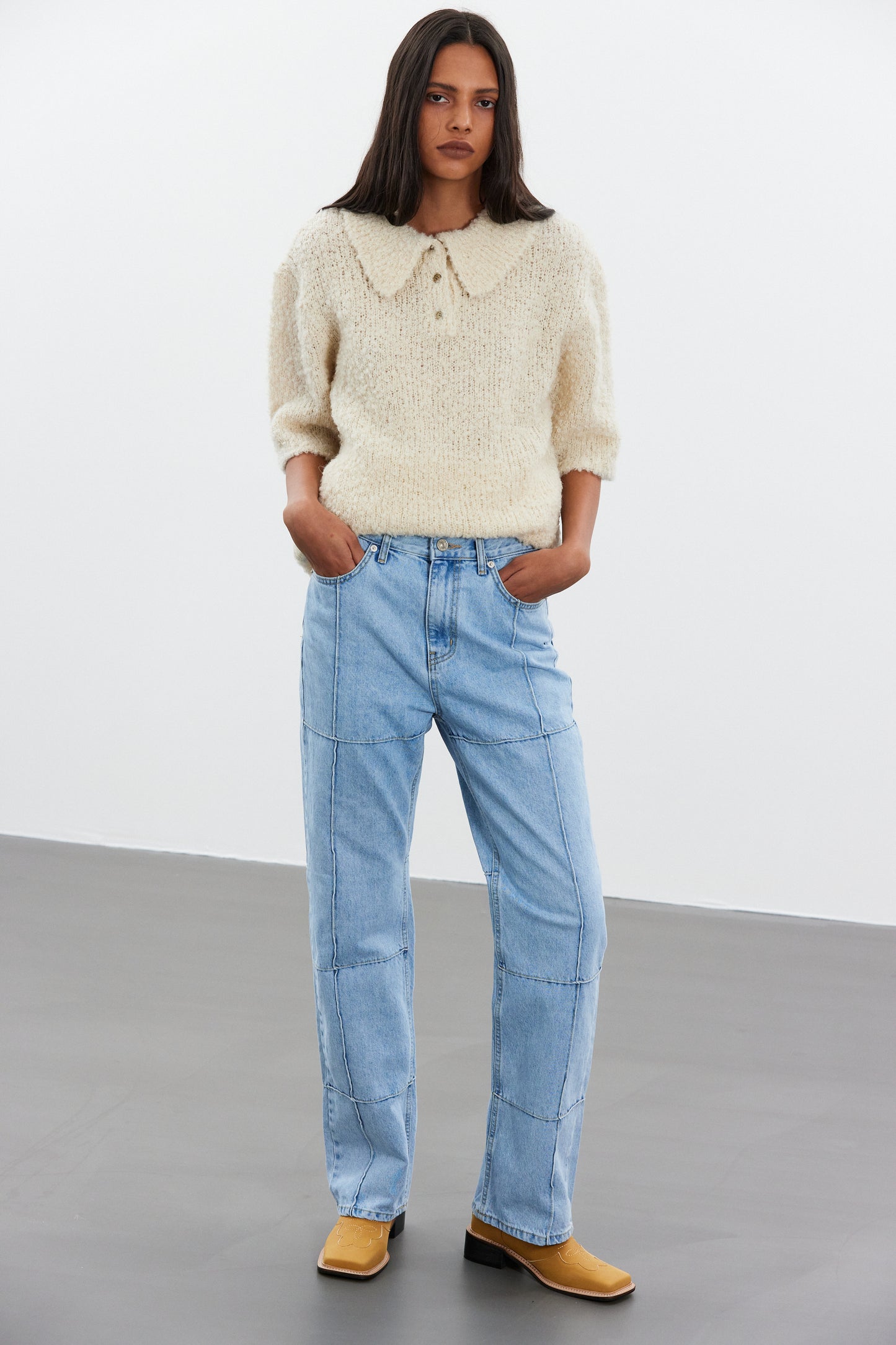 Stitch Paneled Line Jeans, Light Blue