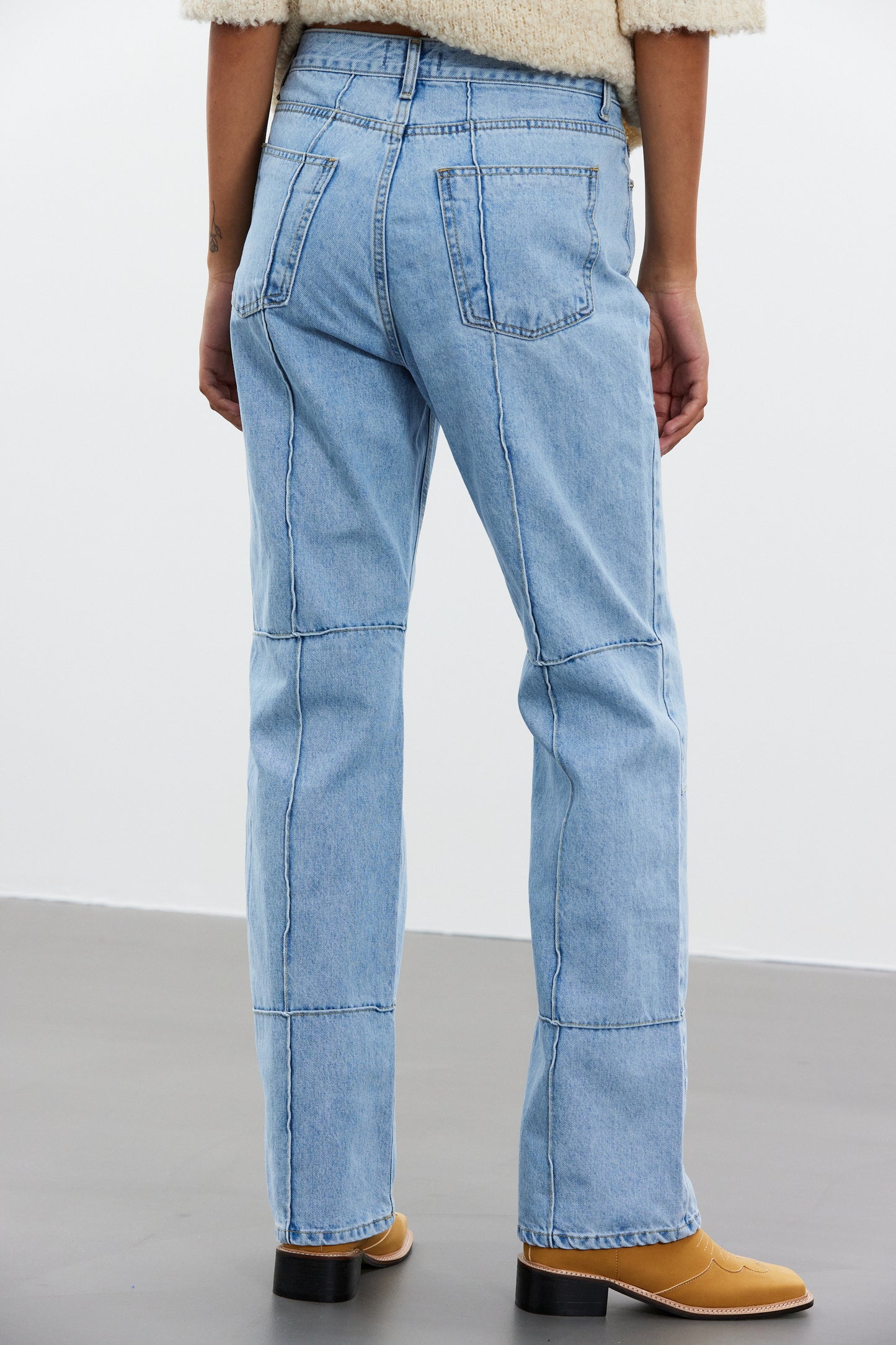 Stitch Paneled Line Jeans, Light Blue