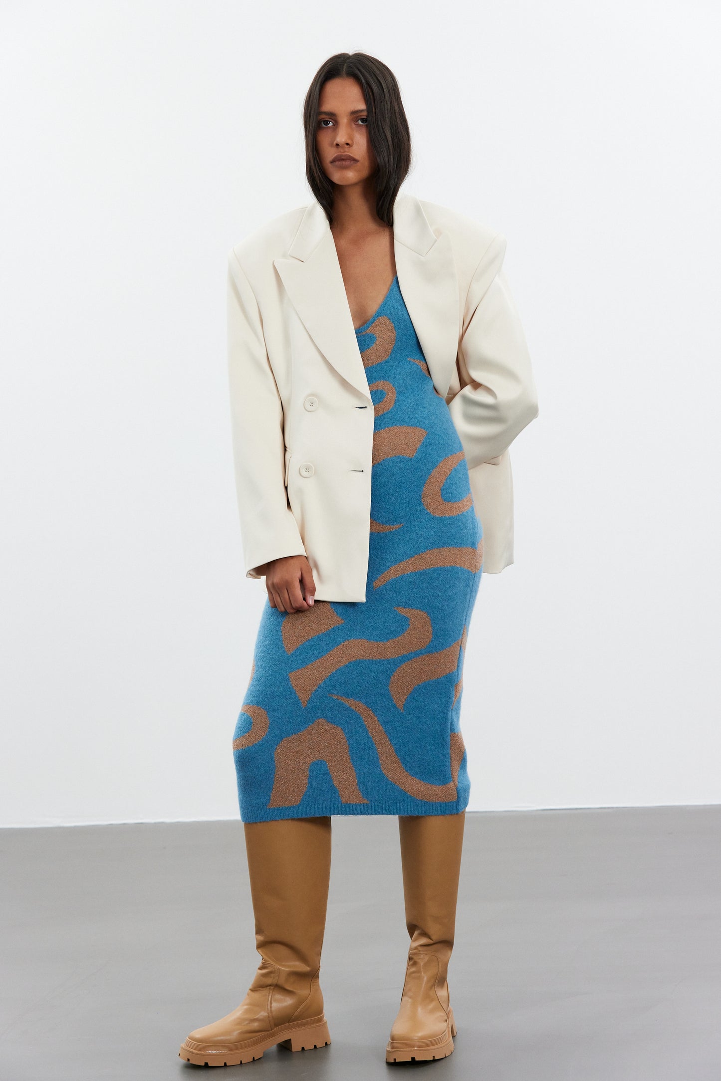 Deep Plunge Knit Dress, Blue & Tan