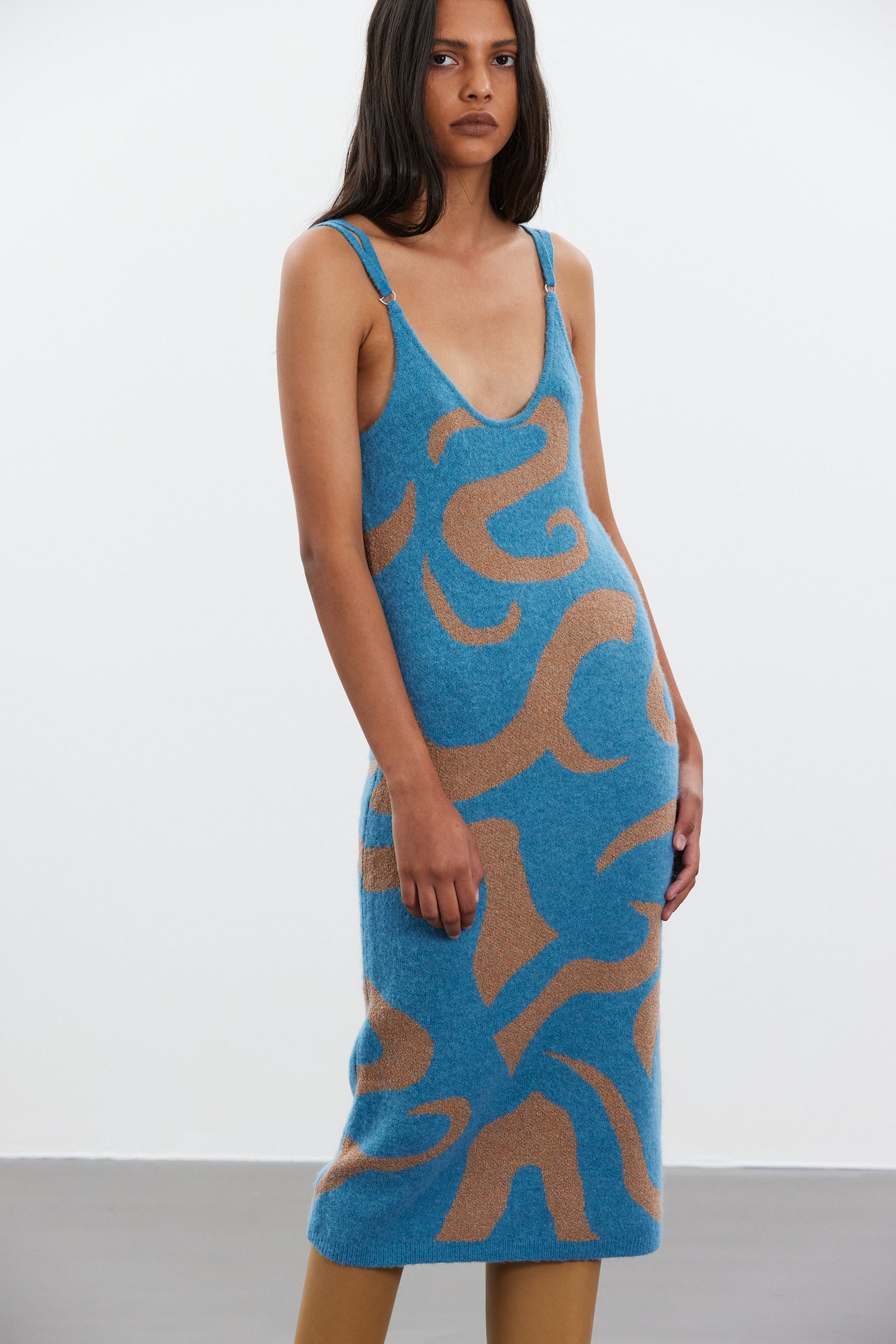 Deep Plunge Knit Dress, Blue & Tan