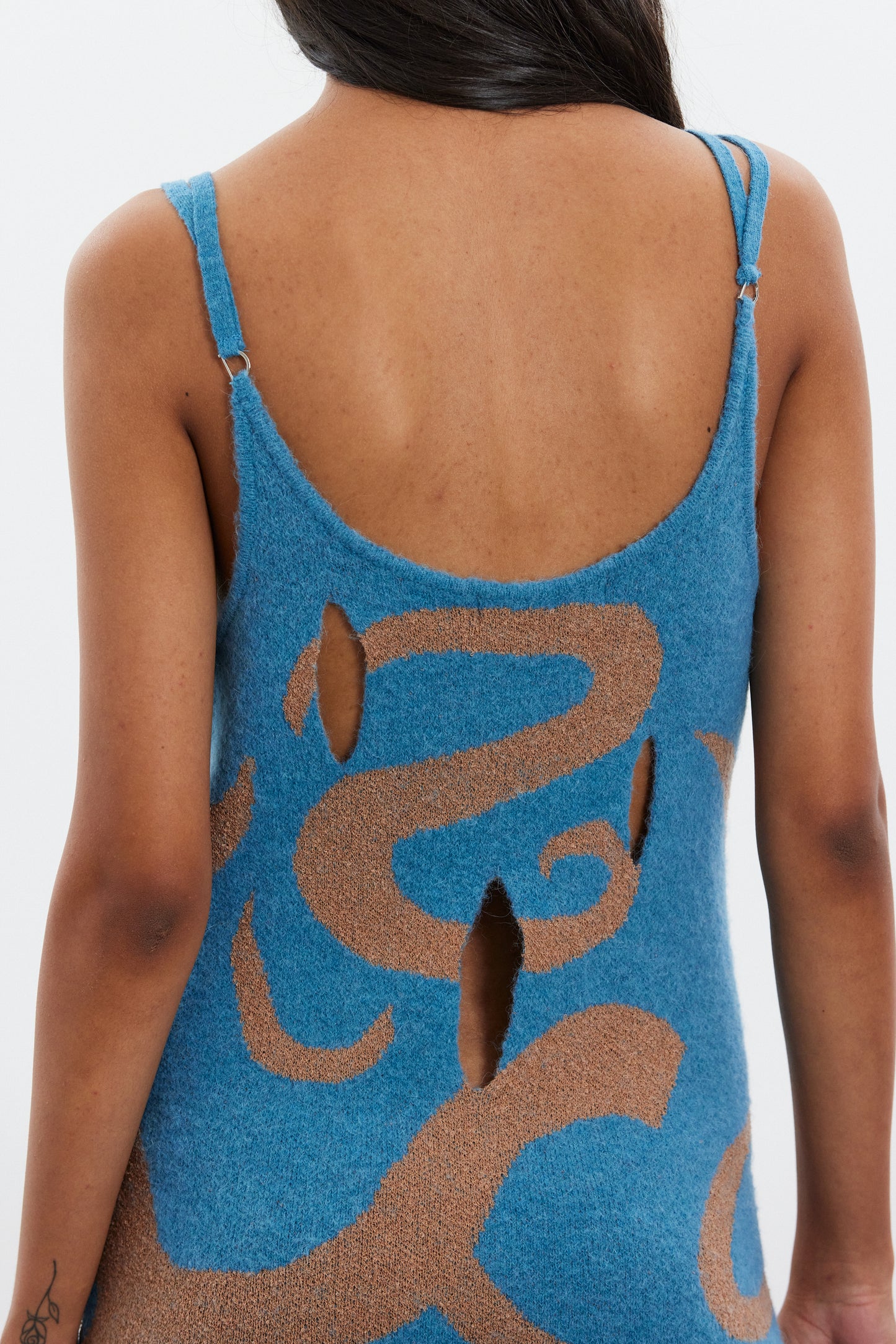 Deep Plunge Knit Dress, Blue & Tan