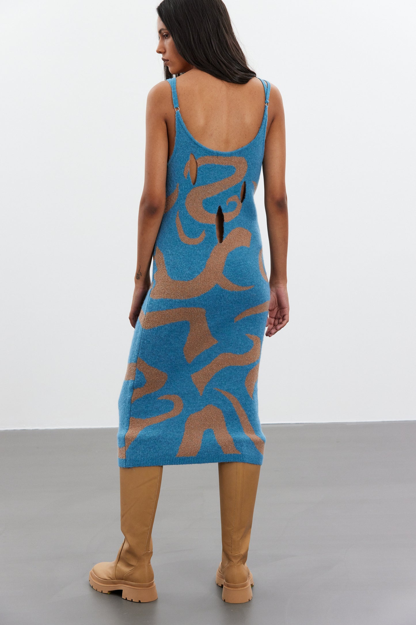 Deep Plunge Knit Dress, Blue & Tan