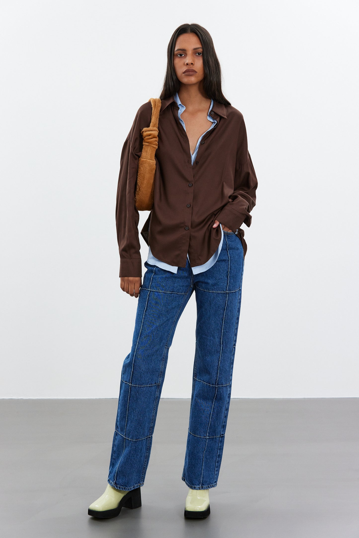 Stitch Paneled Line Jeans, Medium Blue