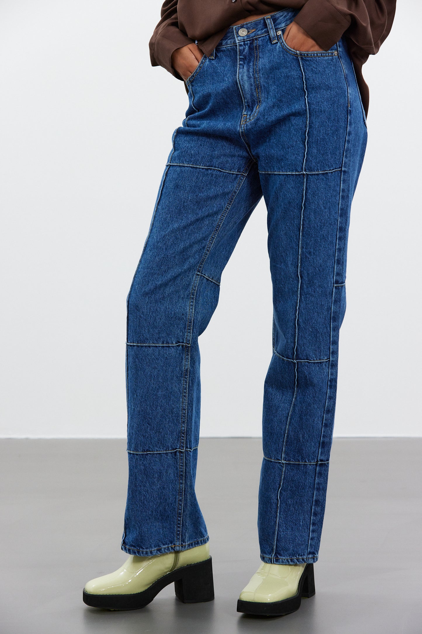 Stitch Paneled Line Jeans, Medium Blue