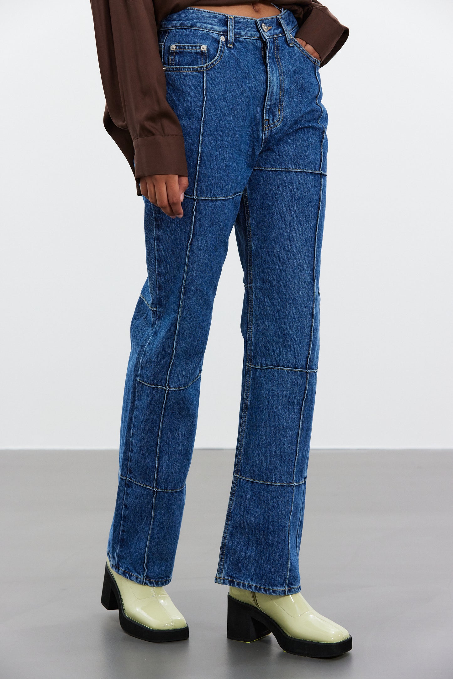 Stitch Paneled Line Jeans, Medium Blue