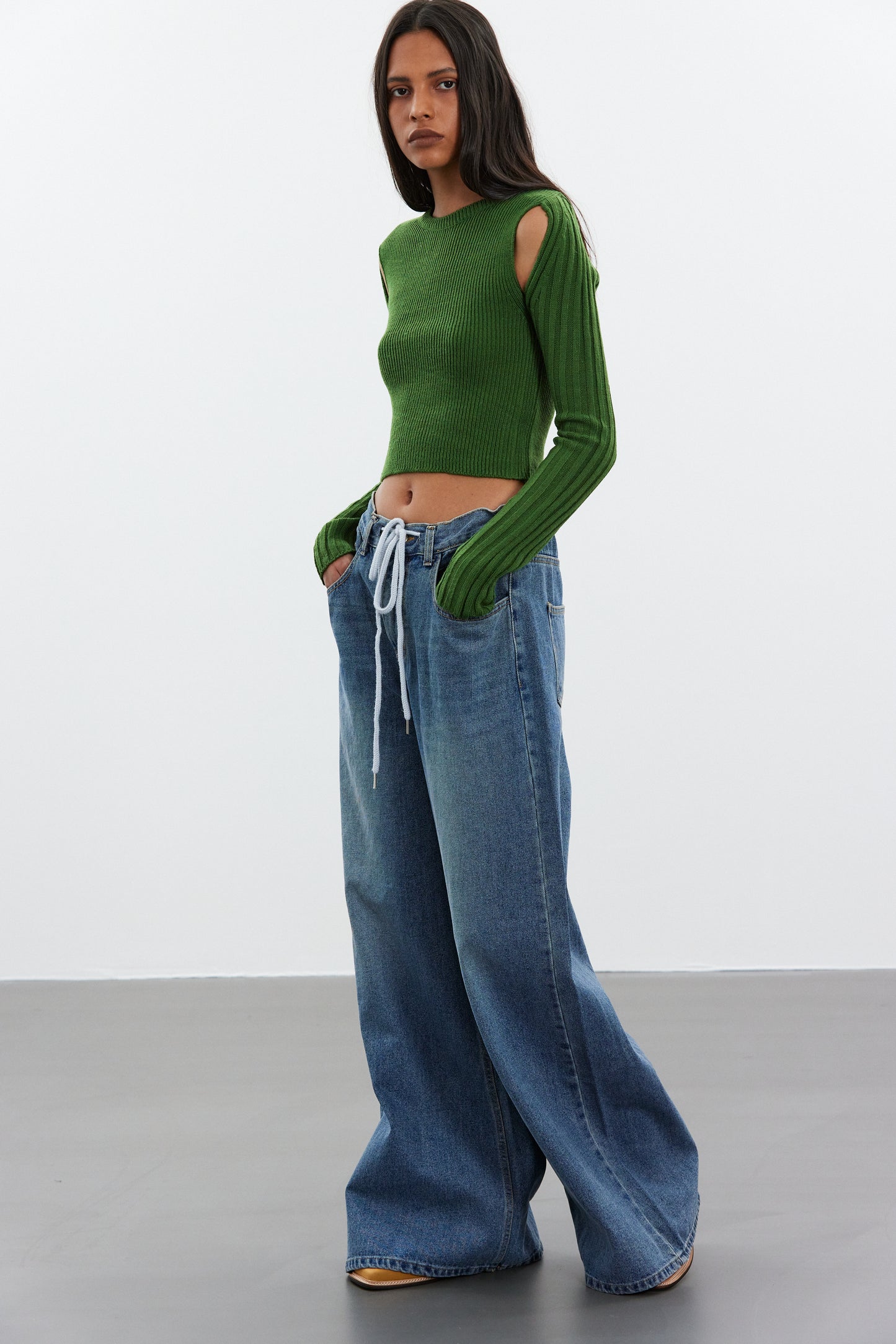 Wide Leg Drawstring Jeans, Blue