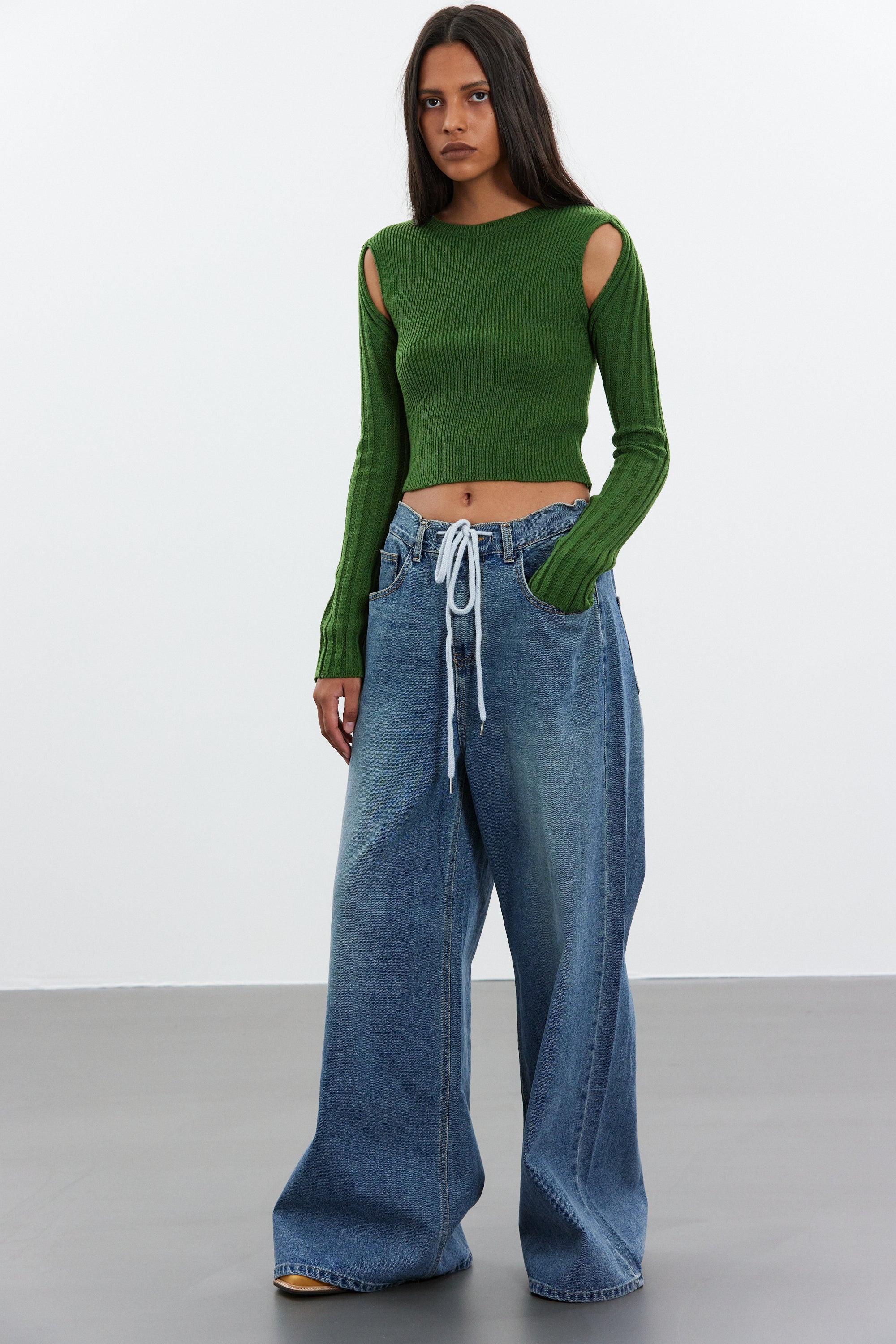 One Shoulder Drawstring Side Crop Top & Wide Leg Trousers in Blue –  Wearthisnext