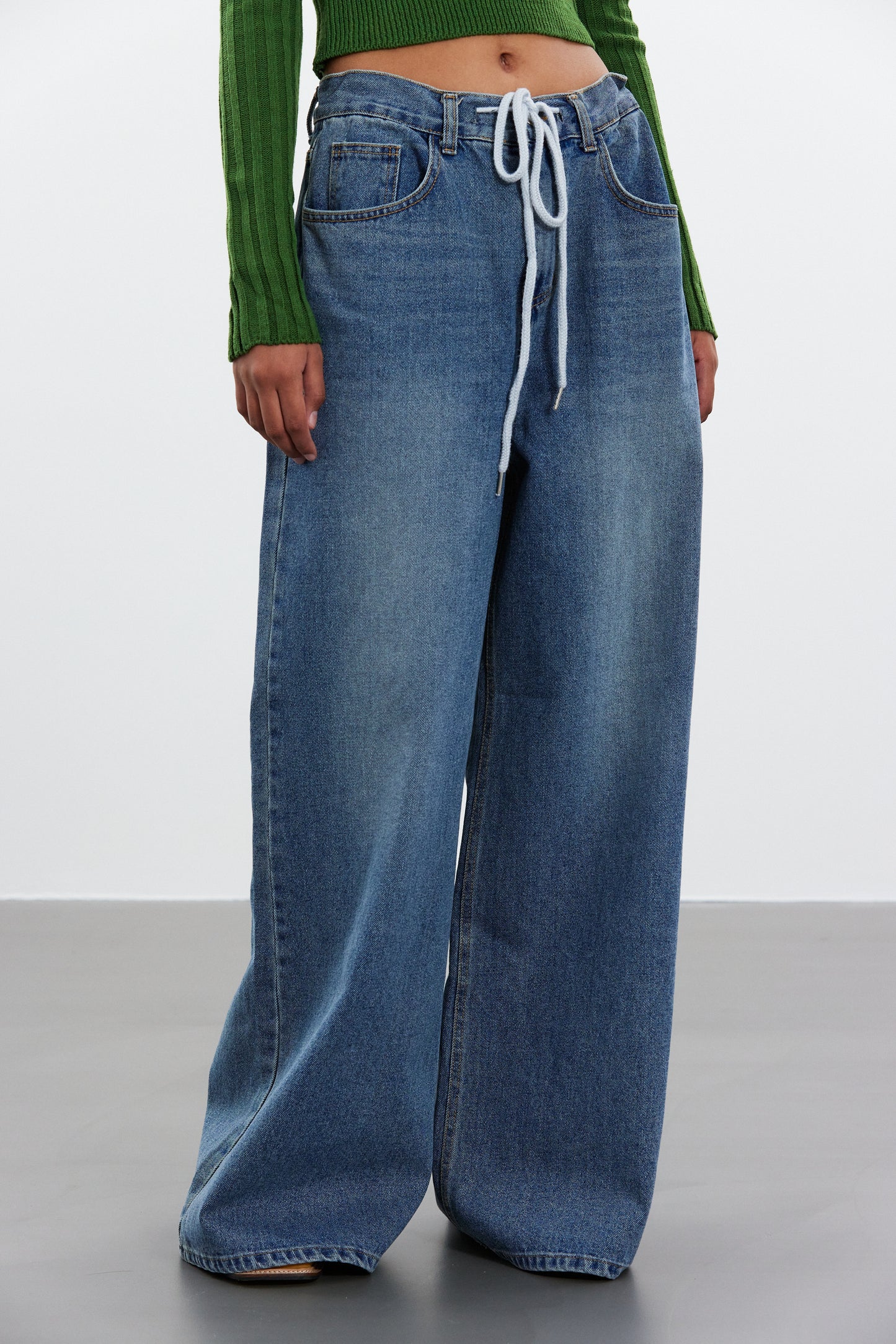 Wide Leg Drawstring Jeans, Blue