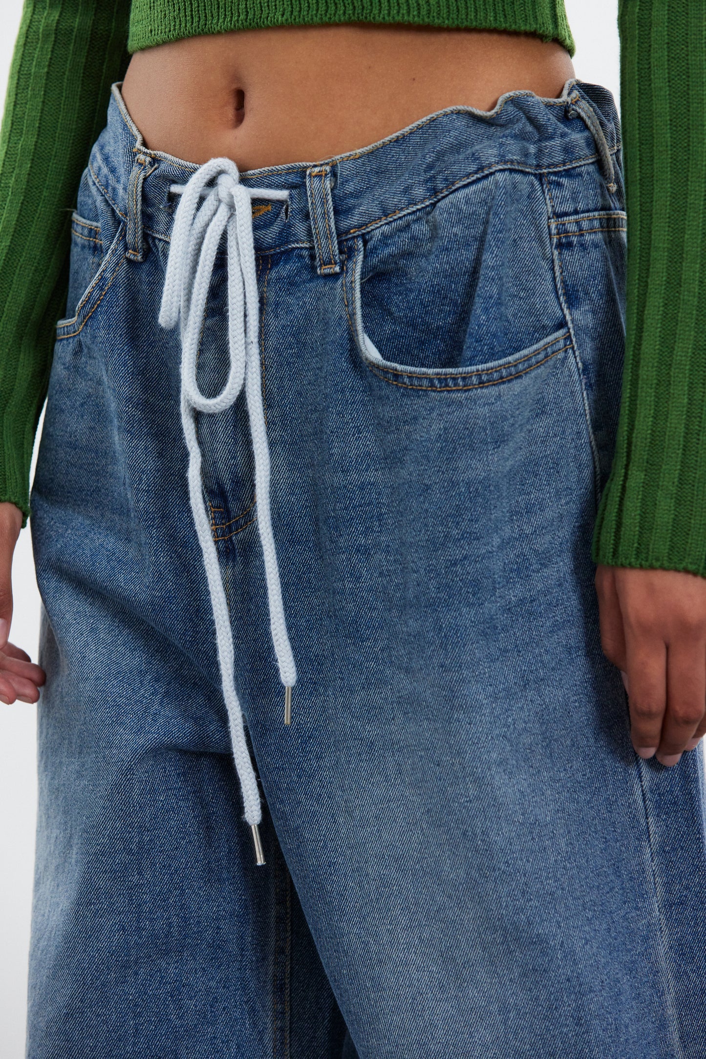Wide Leg Drawstring Jeans, Blue