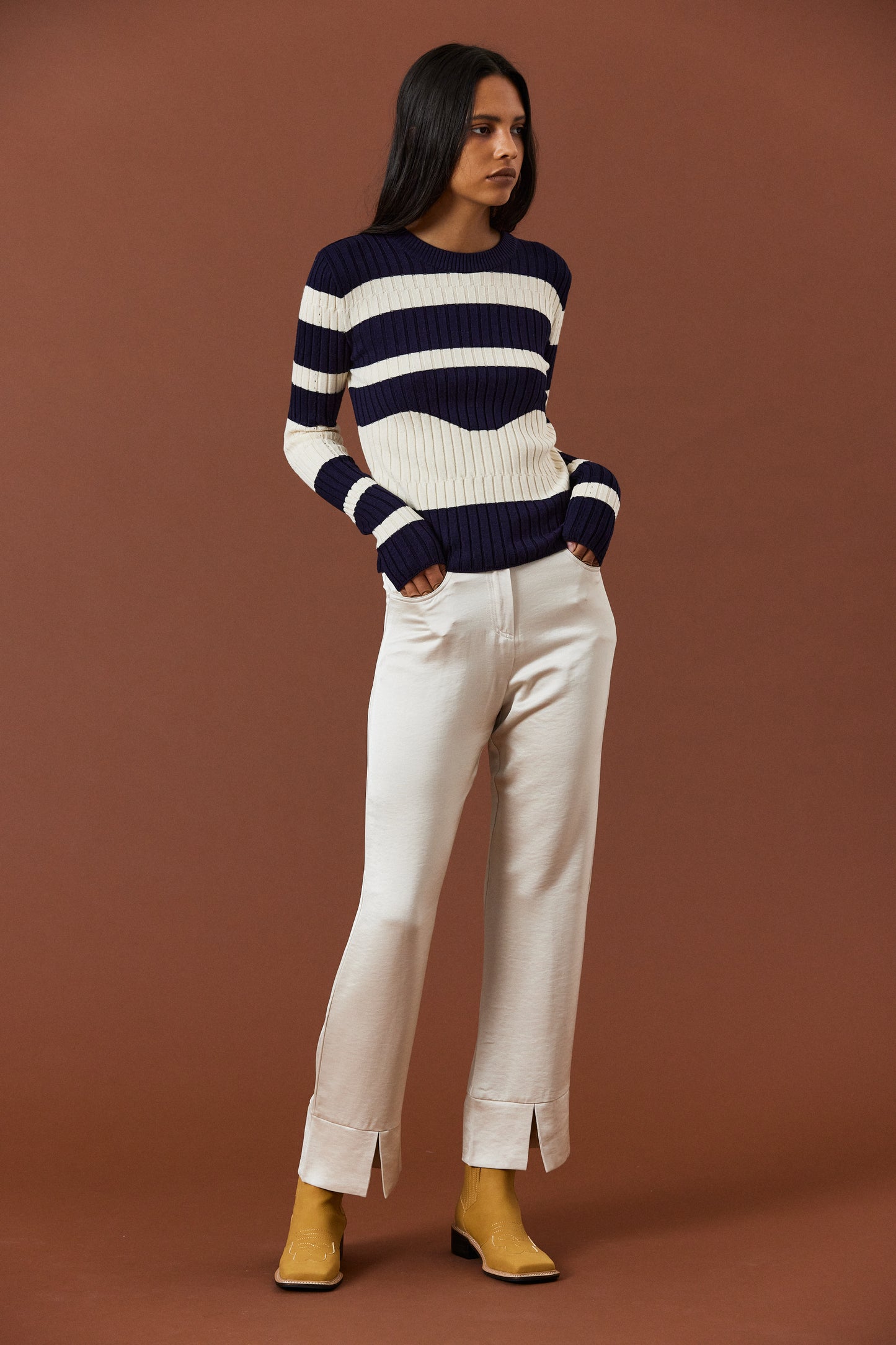 Curved Stripe Knit, Ivory & Navy