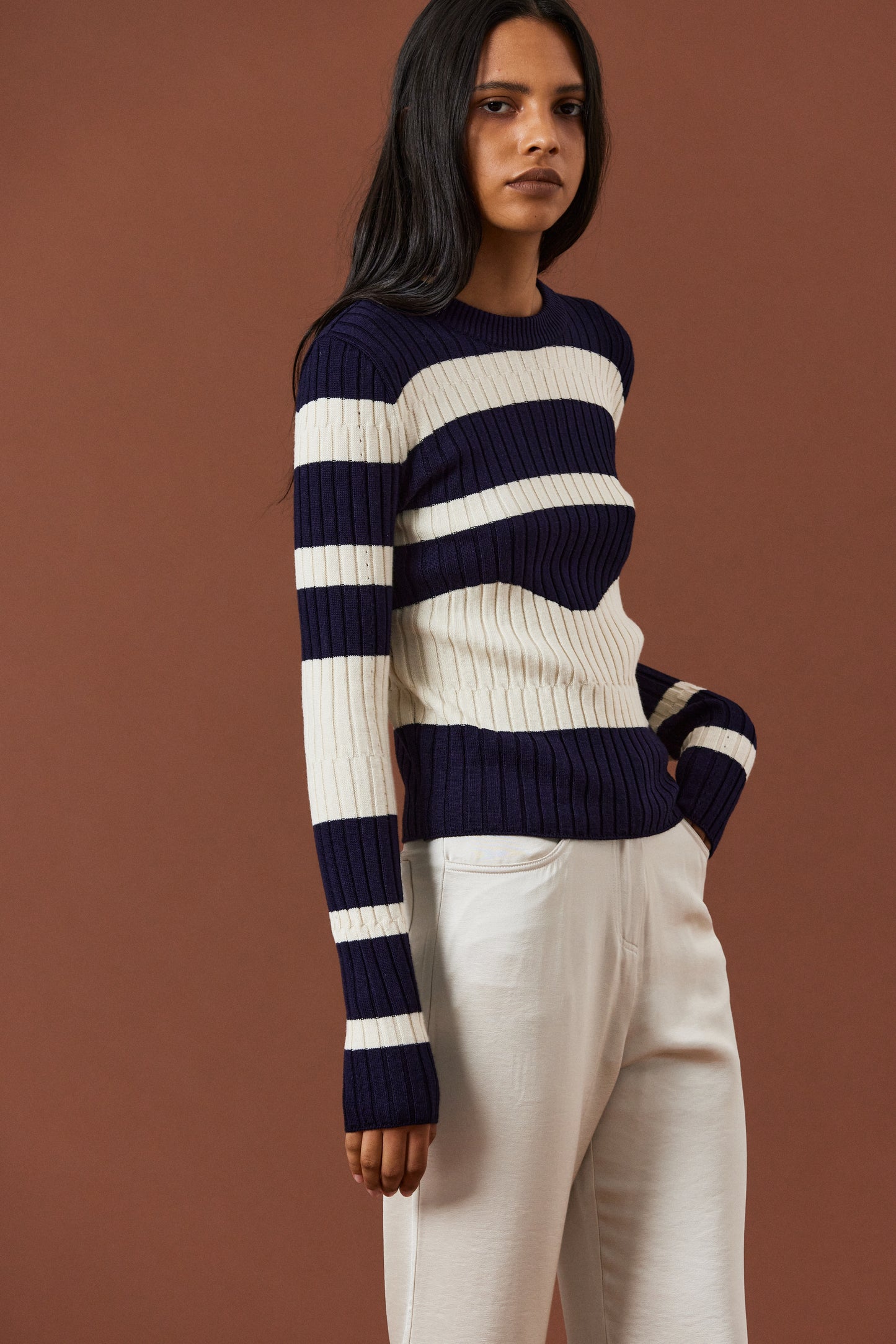 Curved Stripe Knit, Ivory & Navy