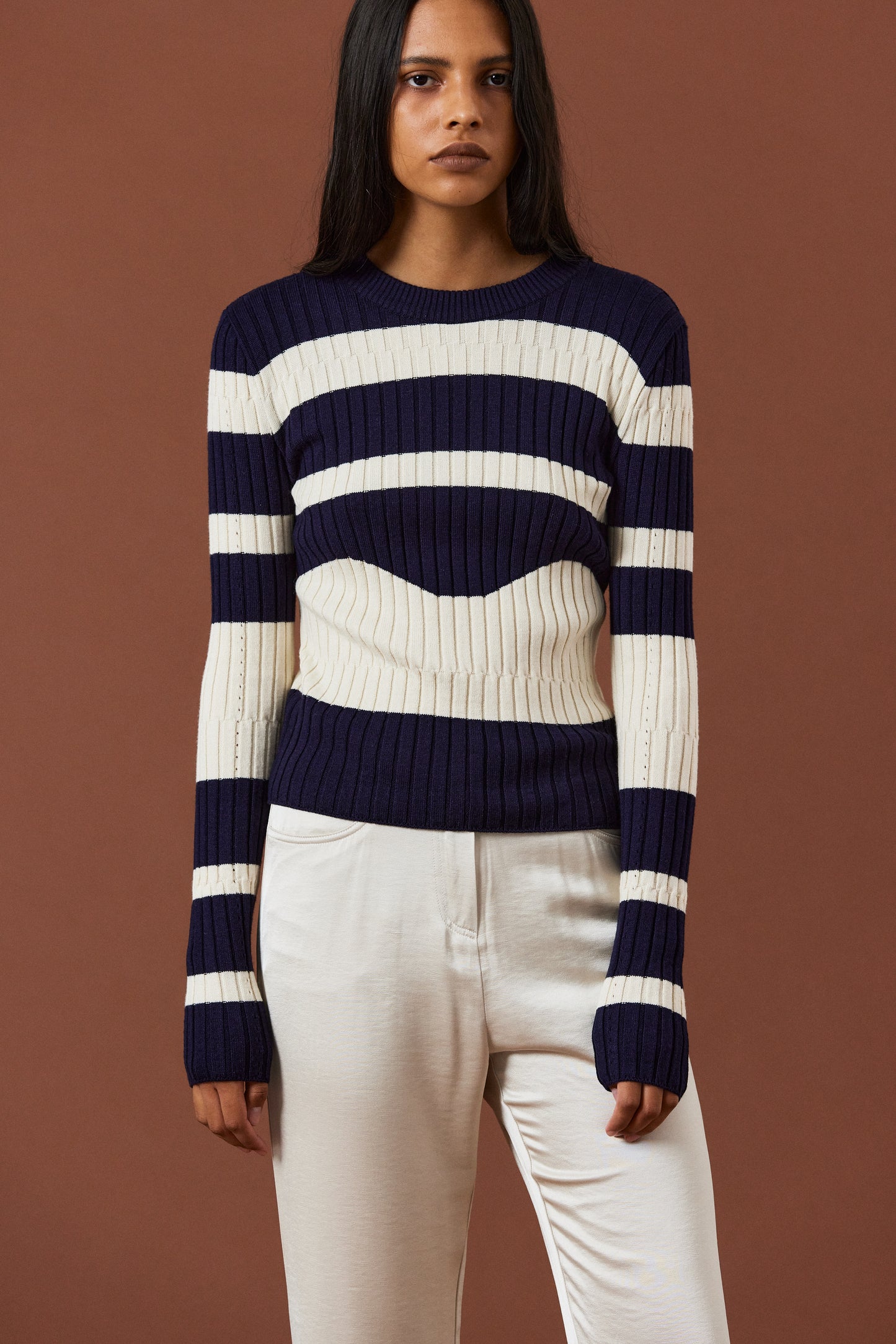 Curved Stripe Knit, Ivory & Navy