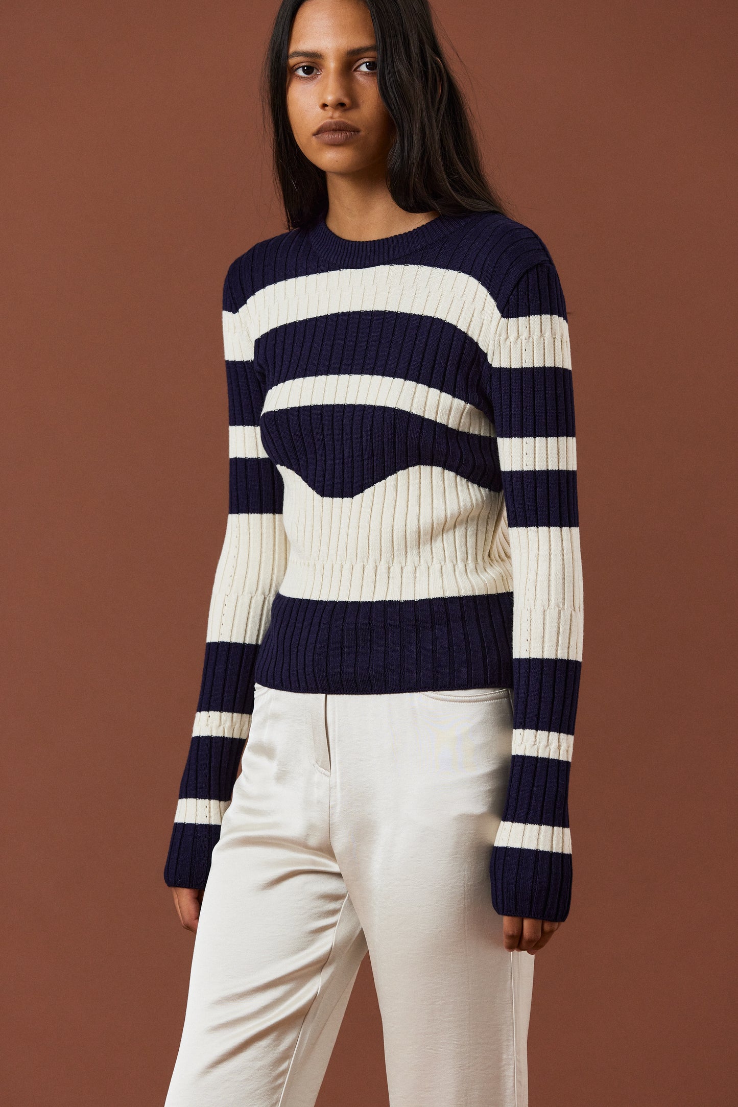Curved Stripe Knit, Ivory & Navy