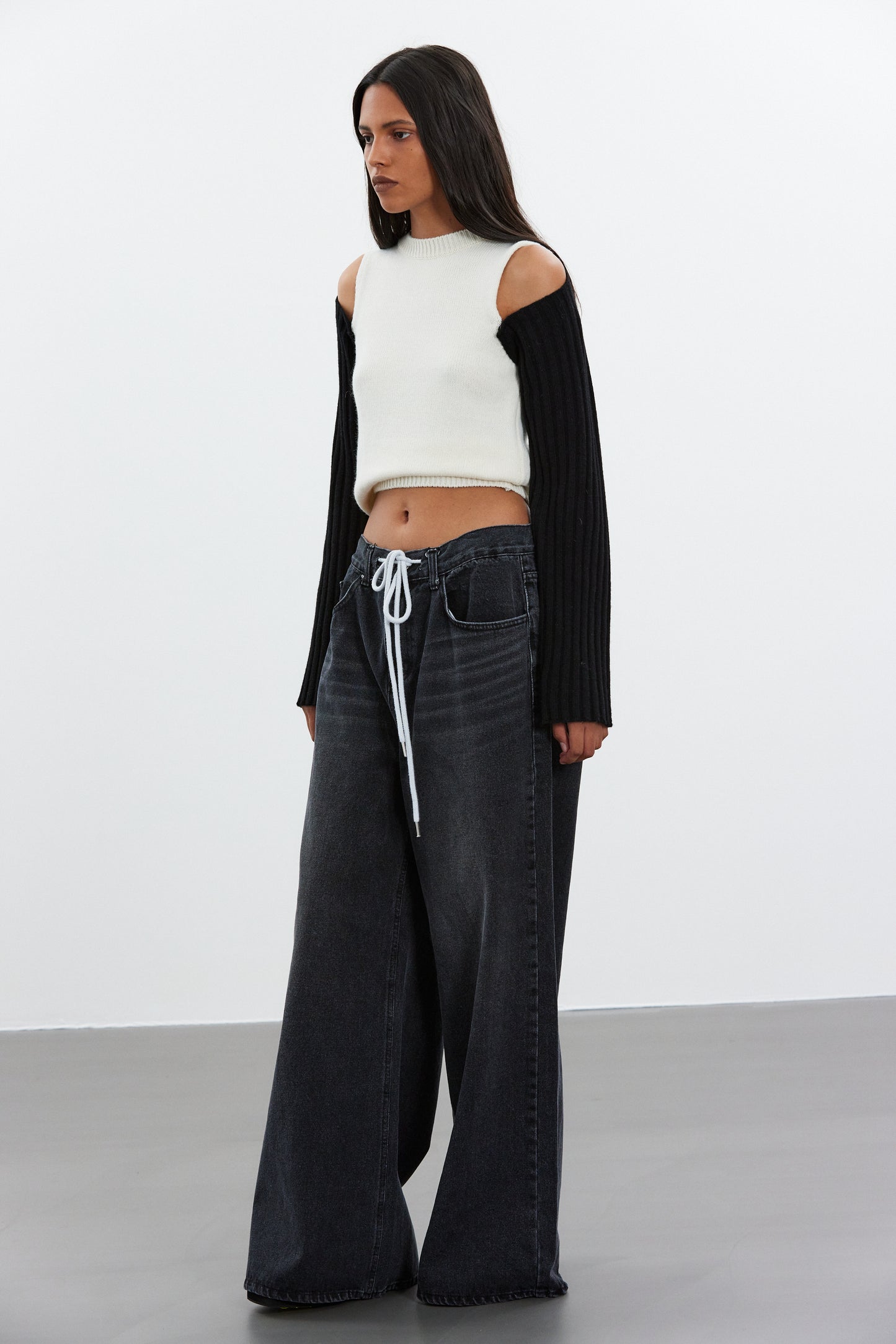 Wide Leg Drawstring Jeans, Acid Black