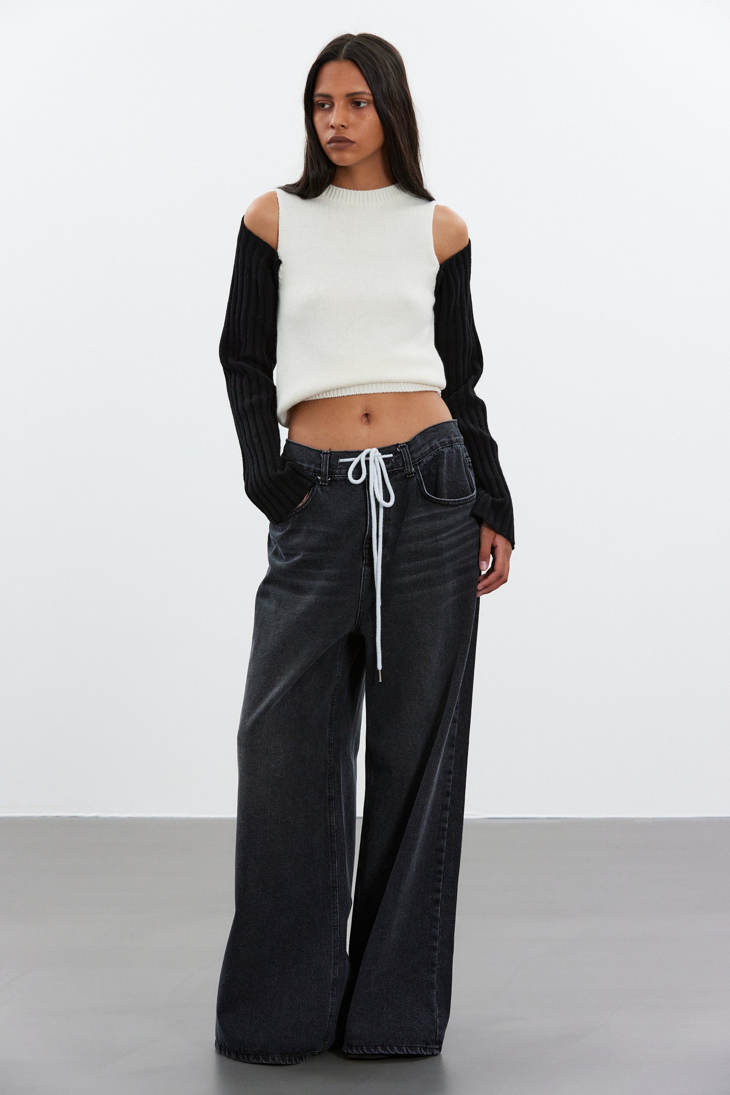 Wide Leg Drawstring Jeans, Acid Black