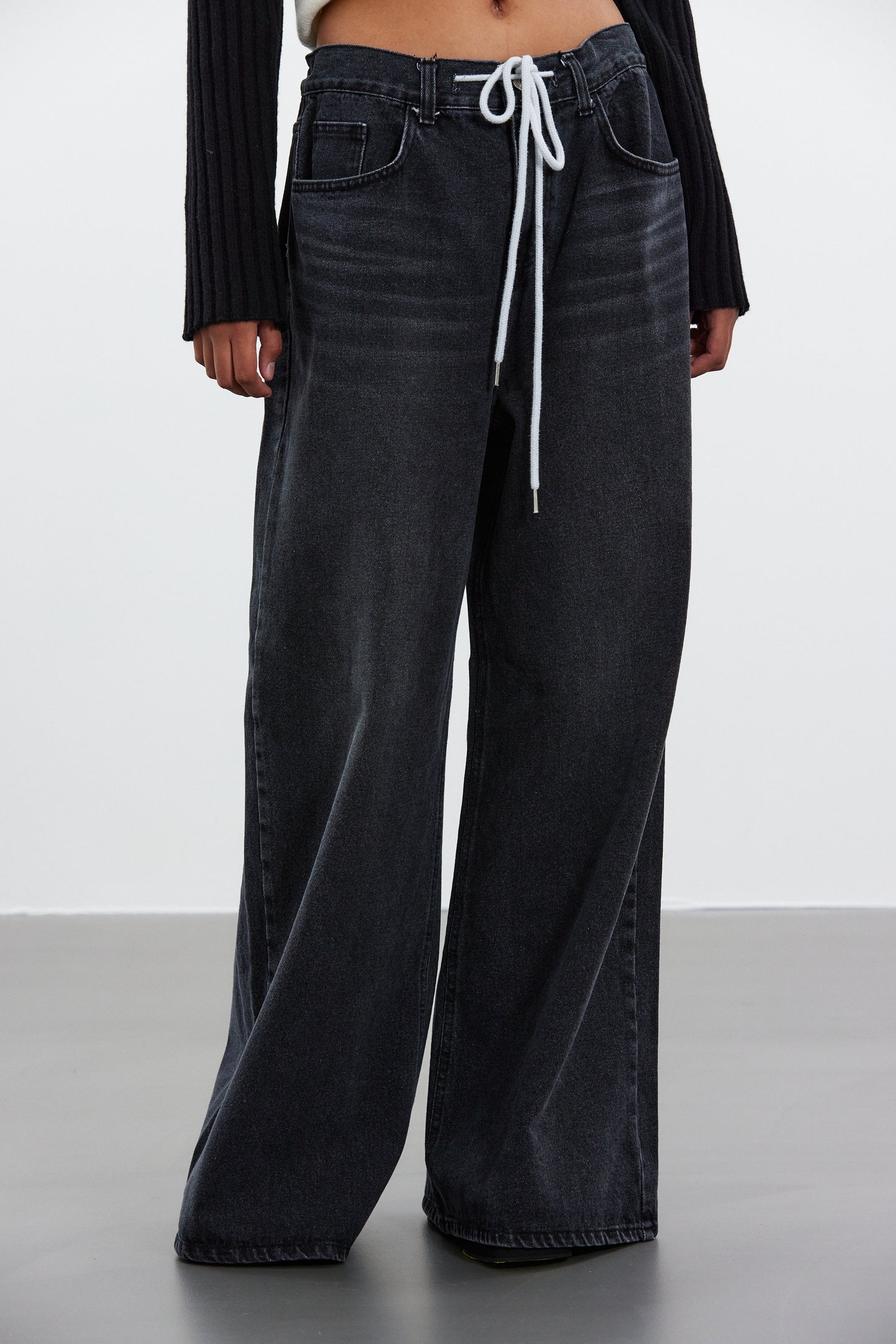 Wide Leg Drawstring Jeans, Acid Black
