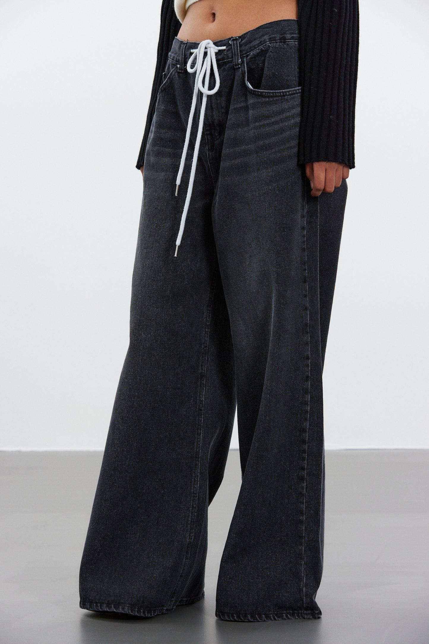 Wide Leg Drawstring Jeans, Acid Black