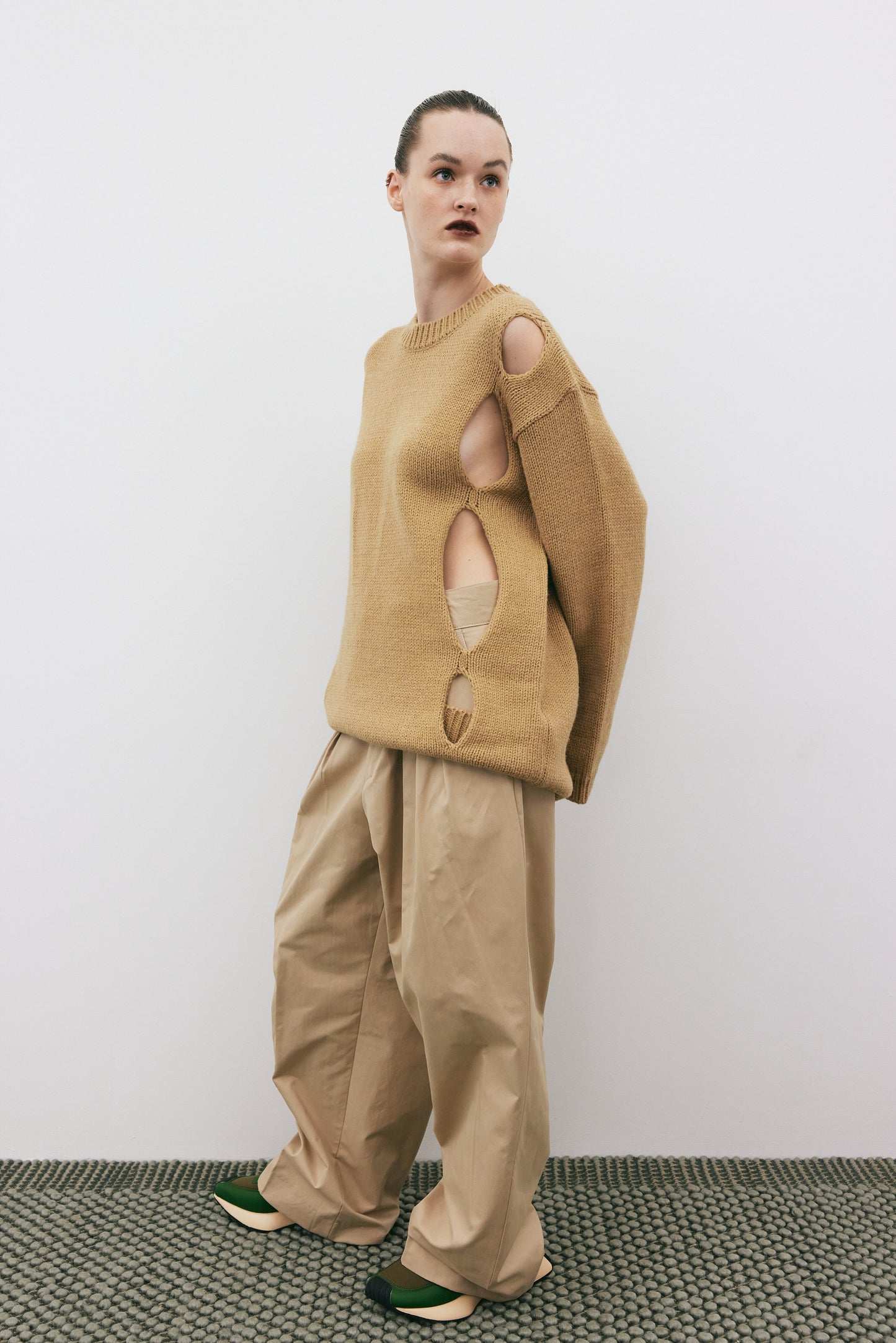 Diagonal Cut-Out Sweater, Granola