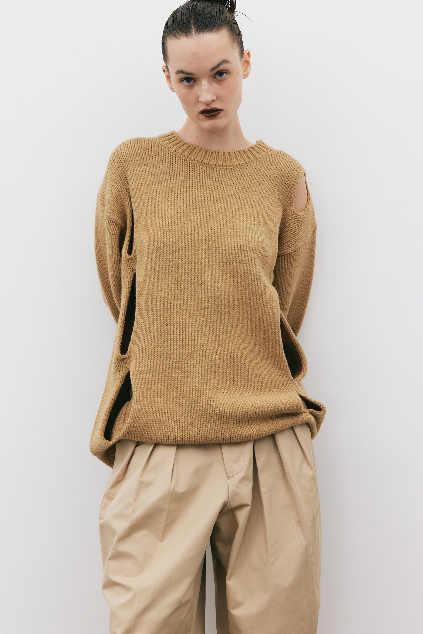 Diagonal Cut-Out Sweater, Granola