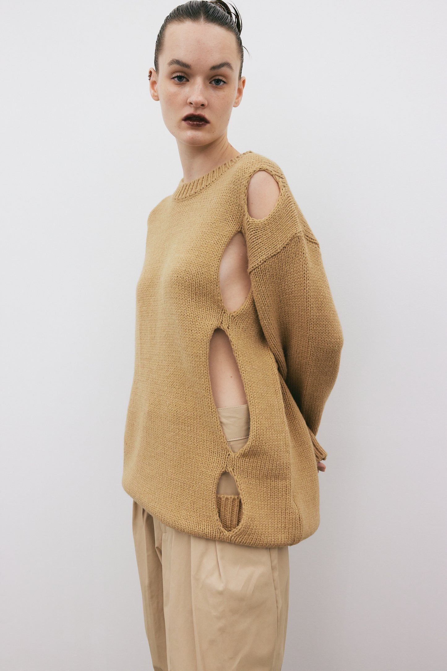 Diagonal Cut-Out Sweater, Granola
