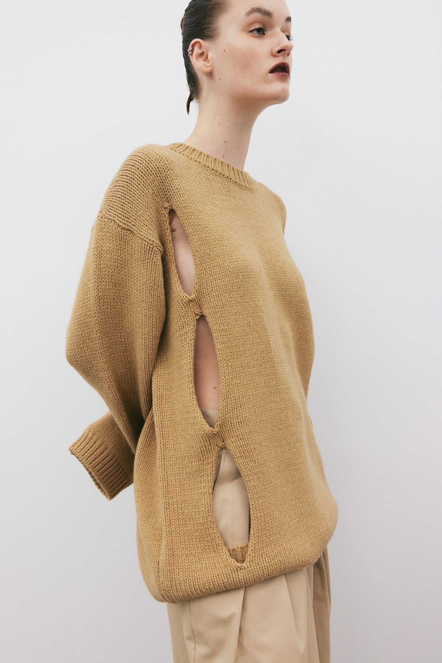 Diagonal Cut-Out Sweater, Granola