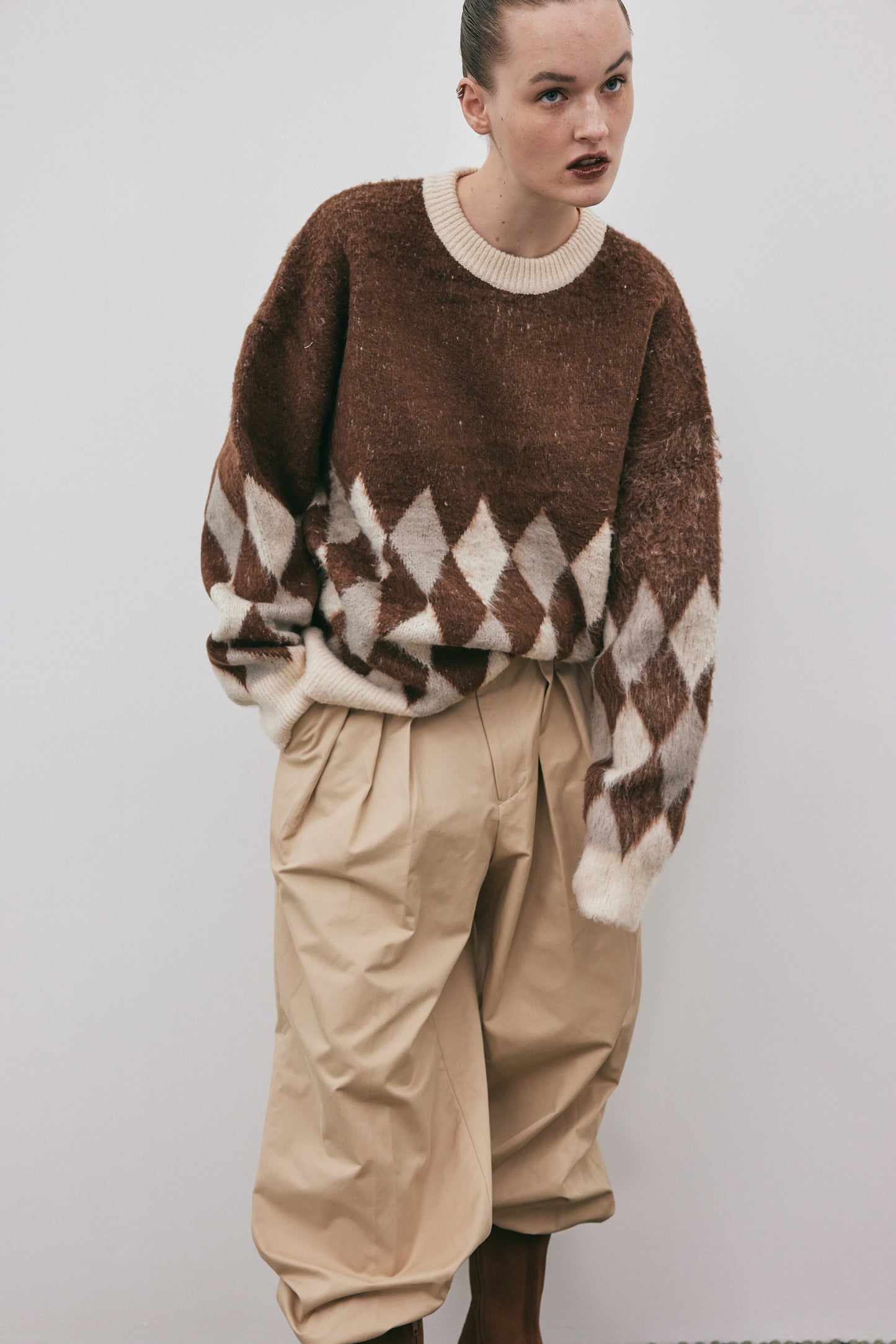 Grunge Hairy Pullover Sweater, Java Argyle