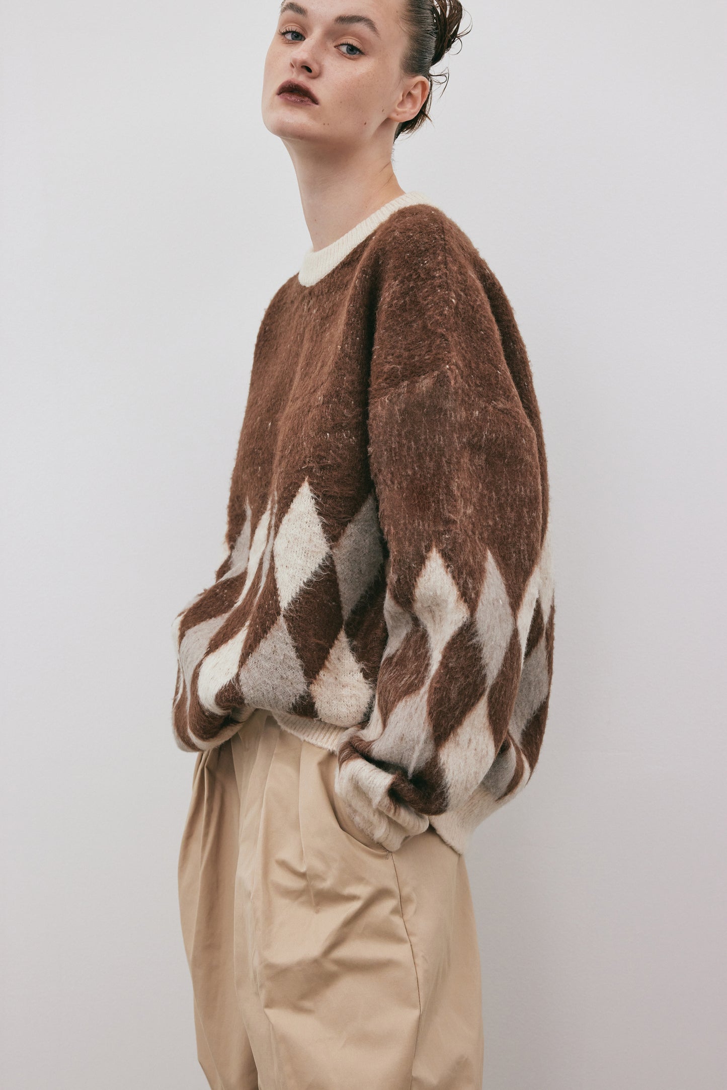 Grunge Hairy Pullover Sweater, Java Argyle