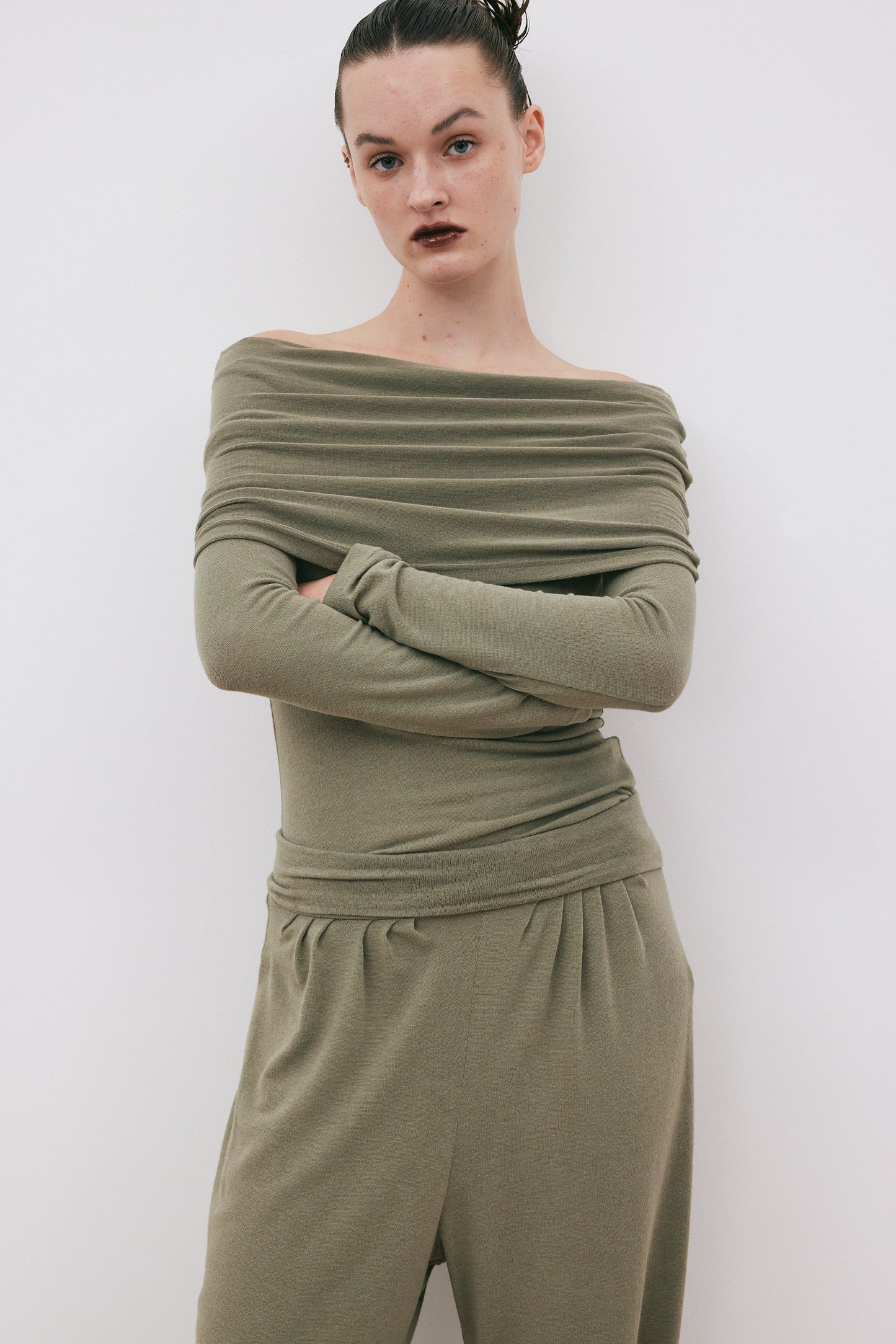 Cold Shoulder Jersey Knit Top, Olive